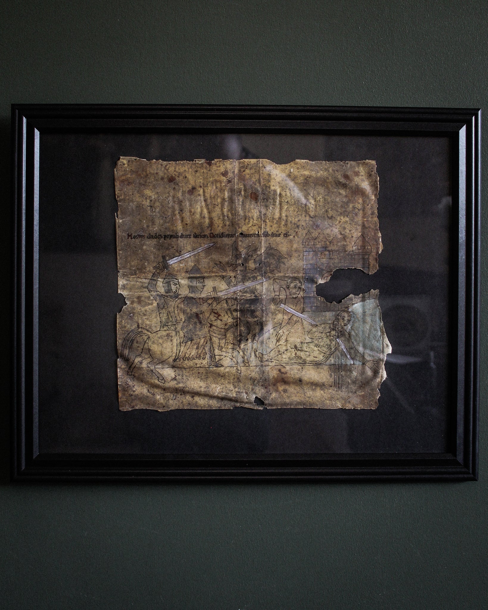 14th Century Vellum Fragment with Drawing of Knights Templar Fighting Demons in Frame