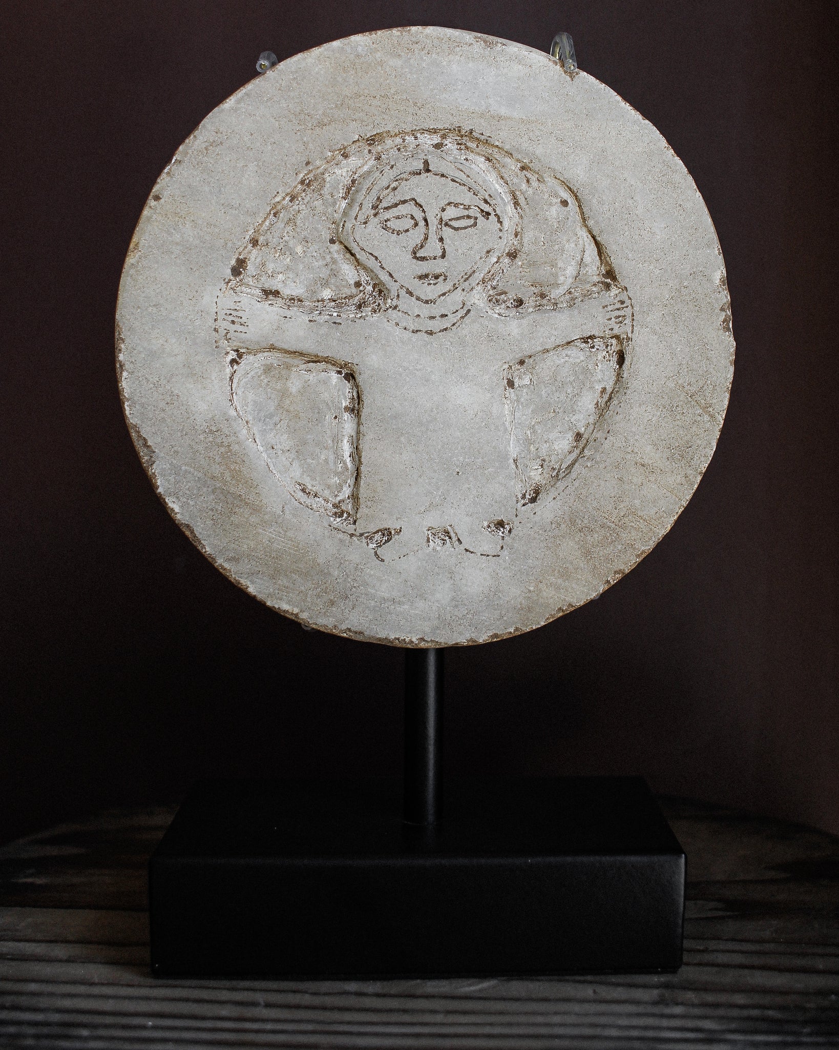 Crude Early Medieval Marble Roundel Depicting Orant Figure on Stand