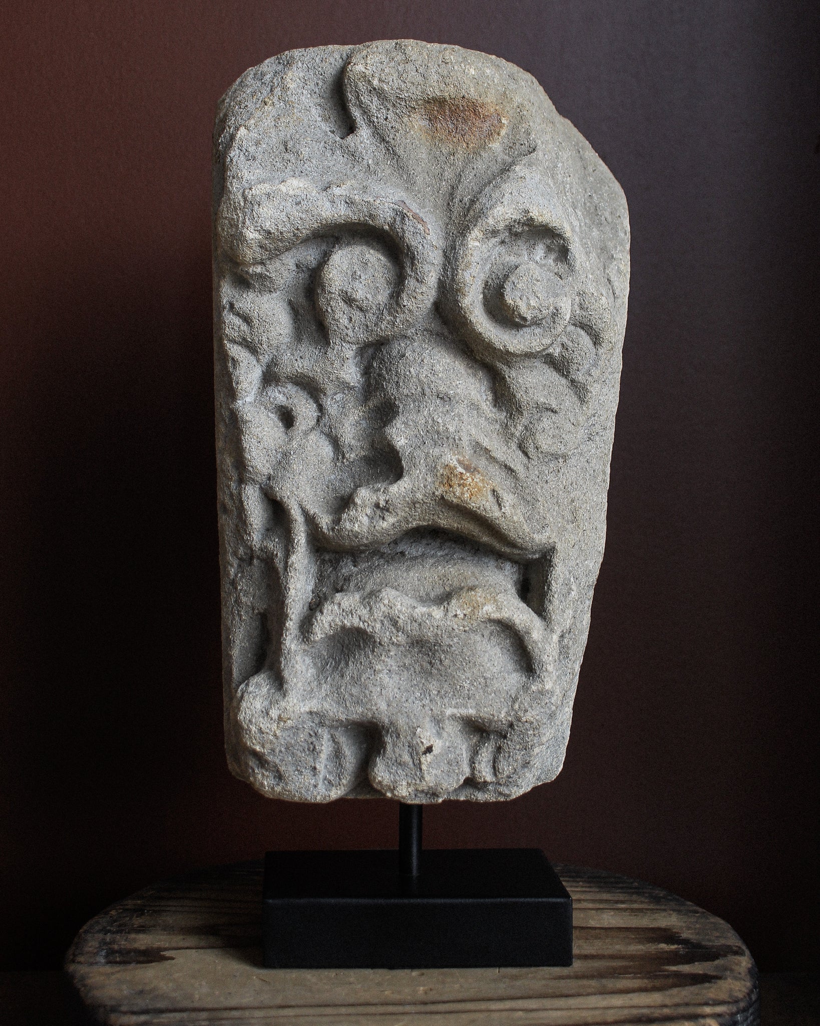 14th Century Grotesque Green Man Carved Stone on Stand