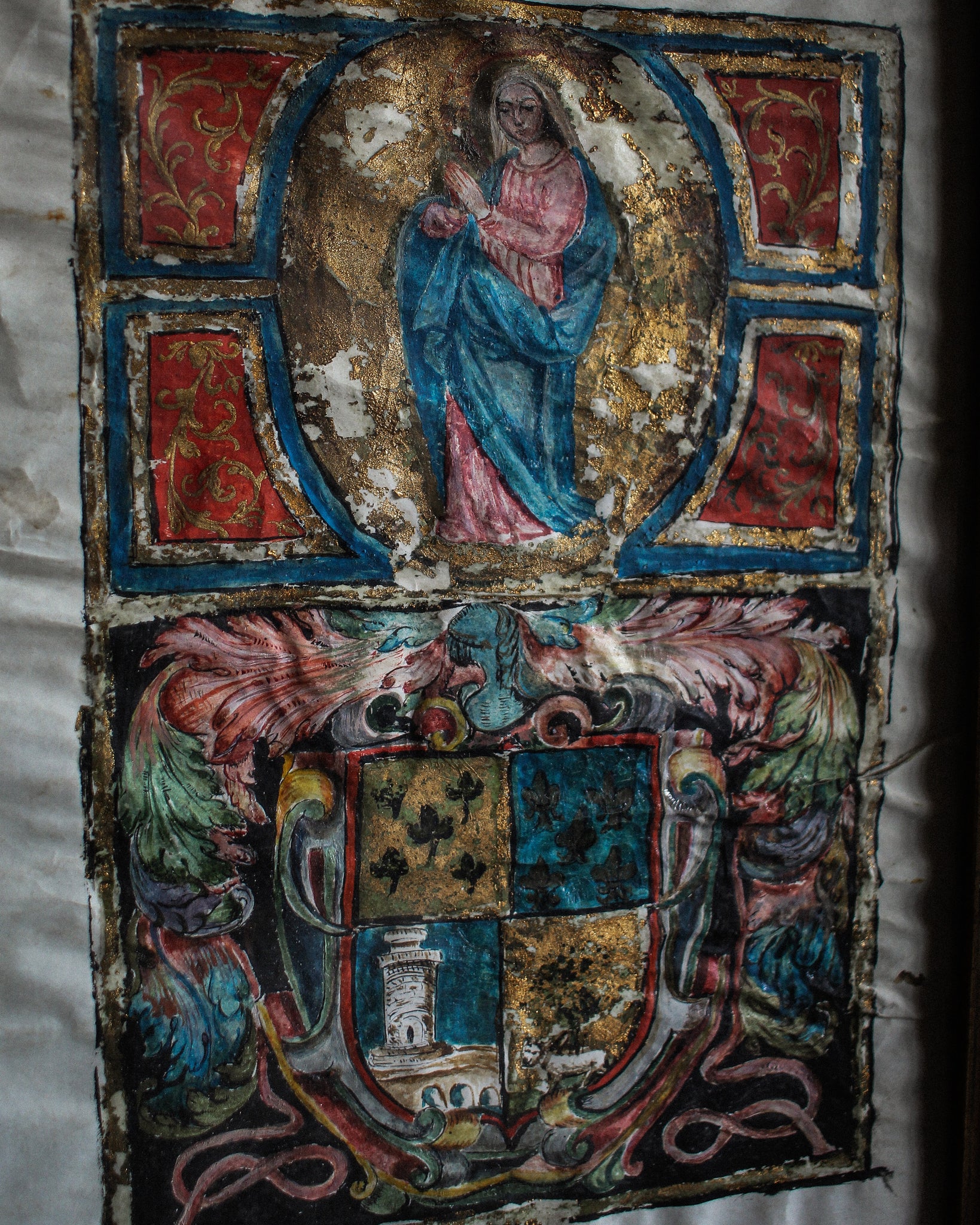 Late 16th Century Mary and Heraldic Coat Painted Manuscript on Vellum