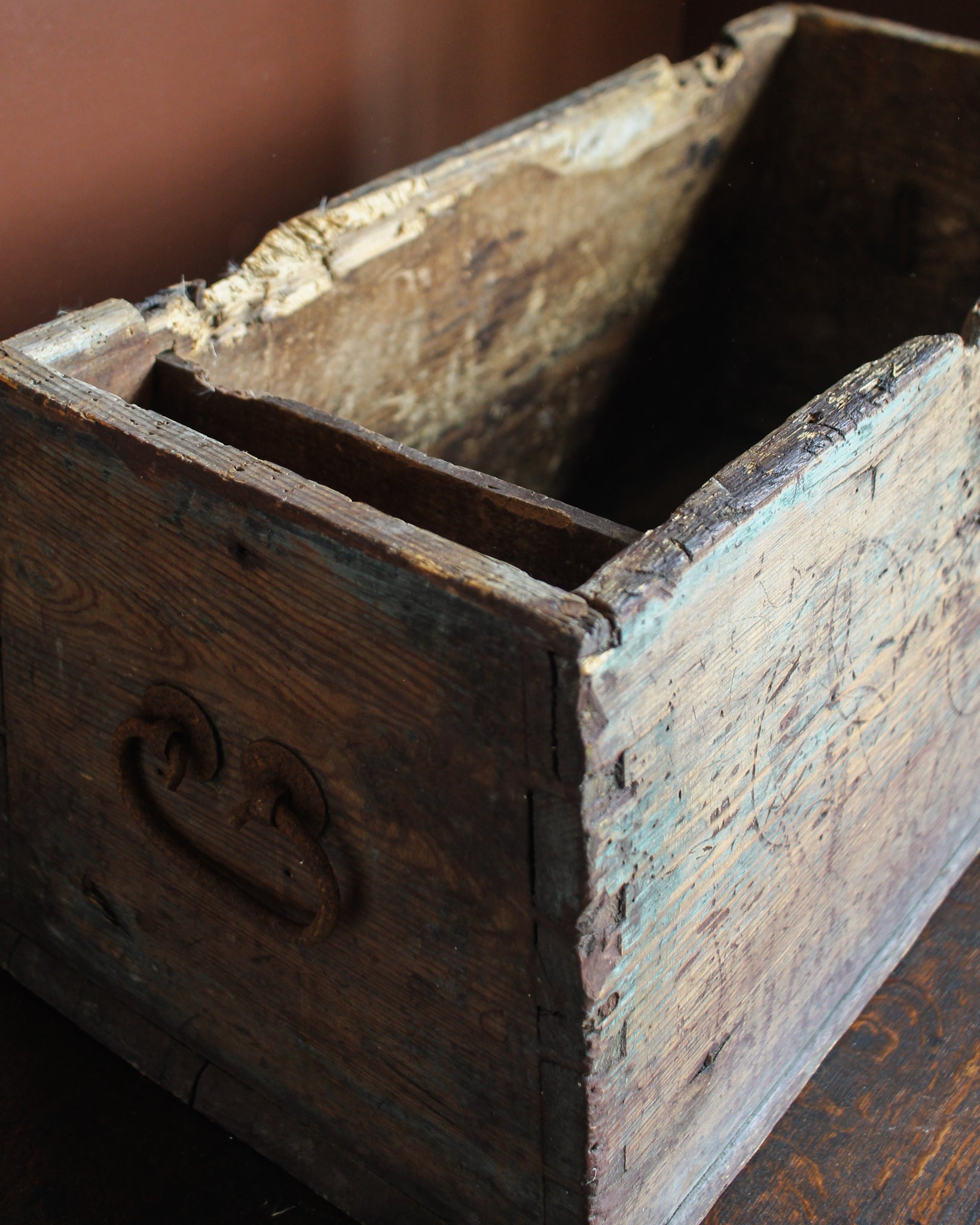 Lidless Painted Coffer with Daisy Wheel Carvings