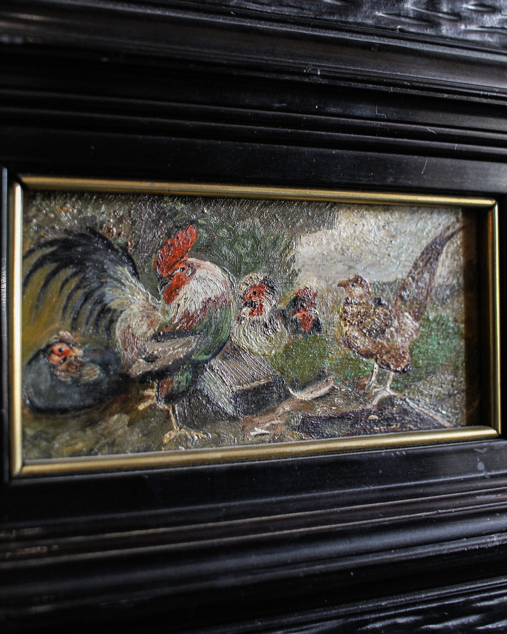 Grazing Chickens, Oil on Board