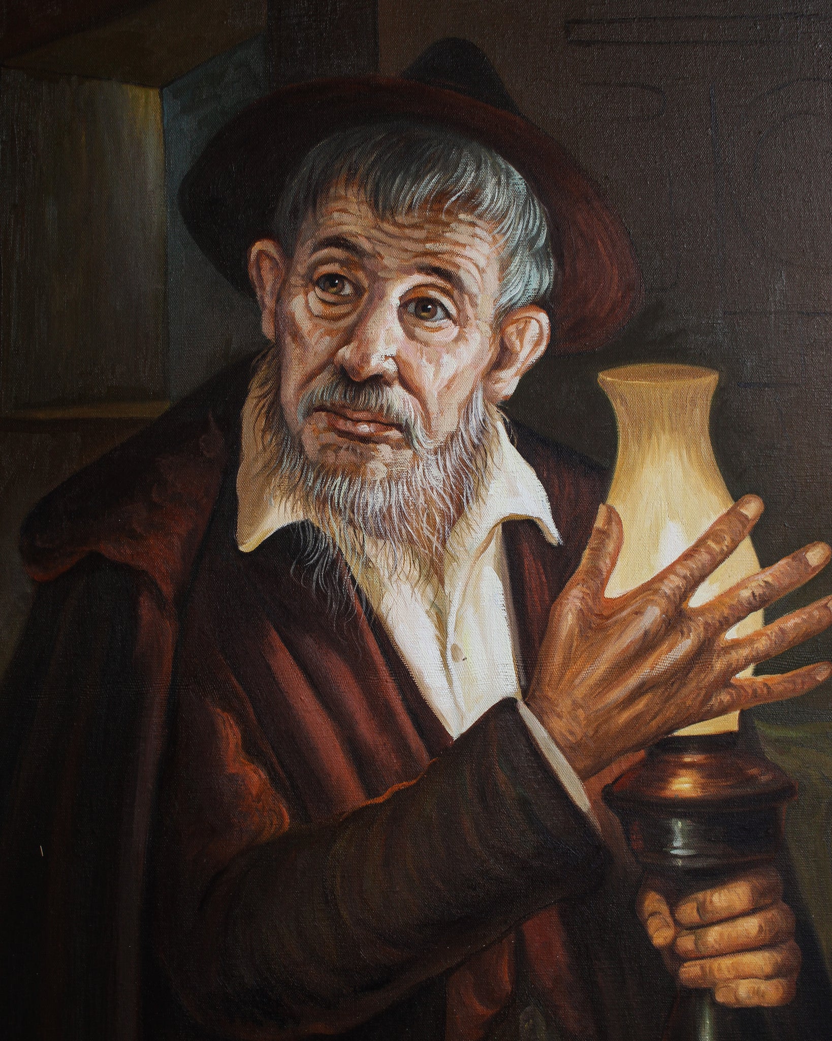 Man with Oil Lamp, Oil on Canvas