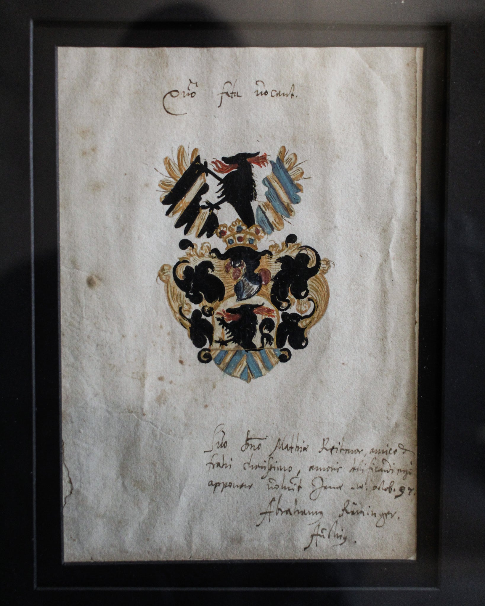16th Century German Coat of Arms Painted on Paper, Framed