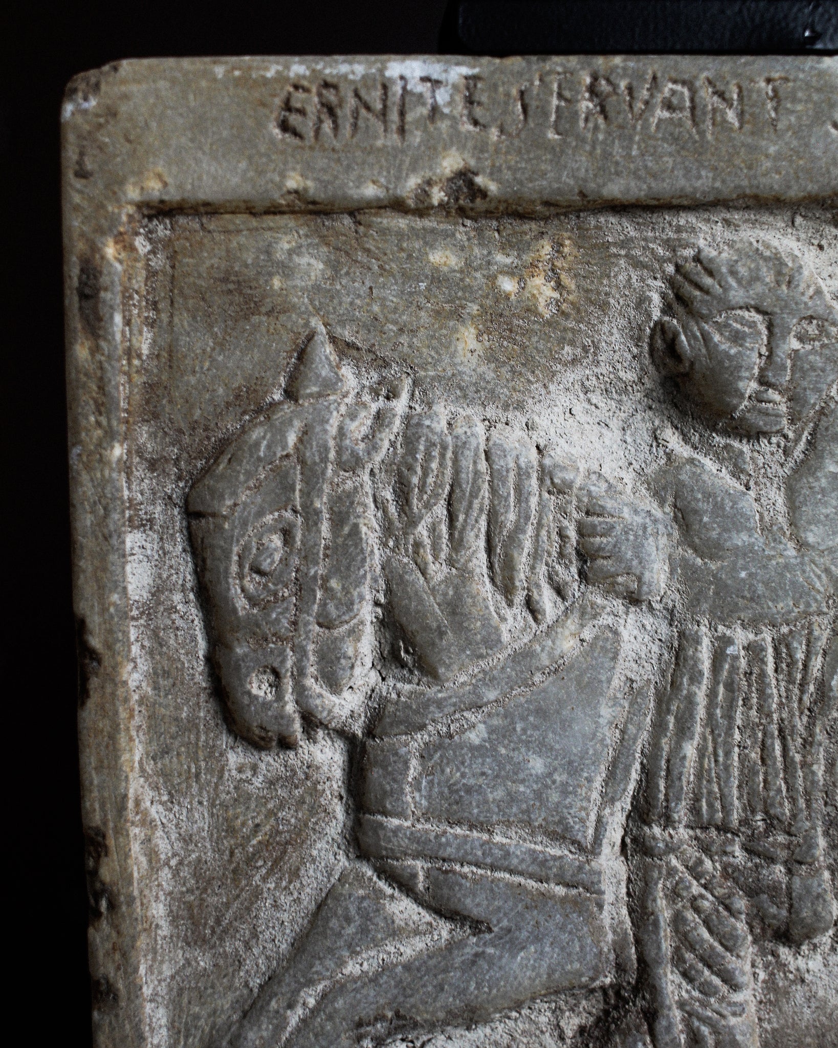 12th Century Marble Carving Depicting Scene with Engraving Surrounding on Stand