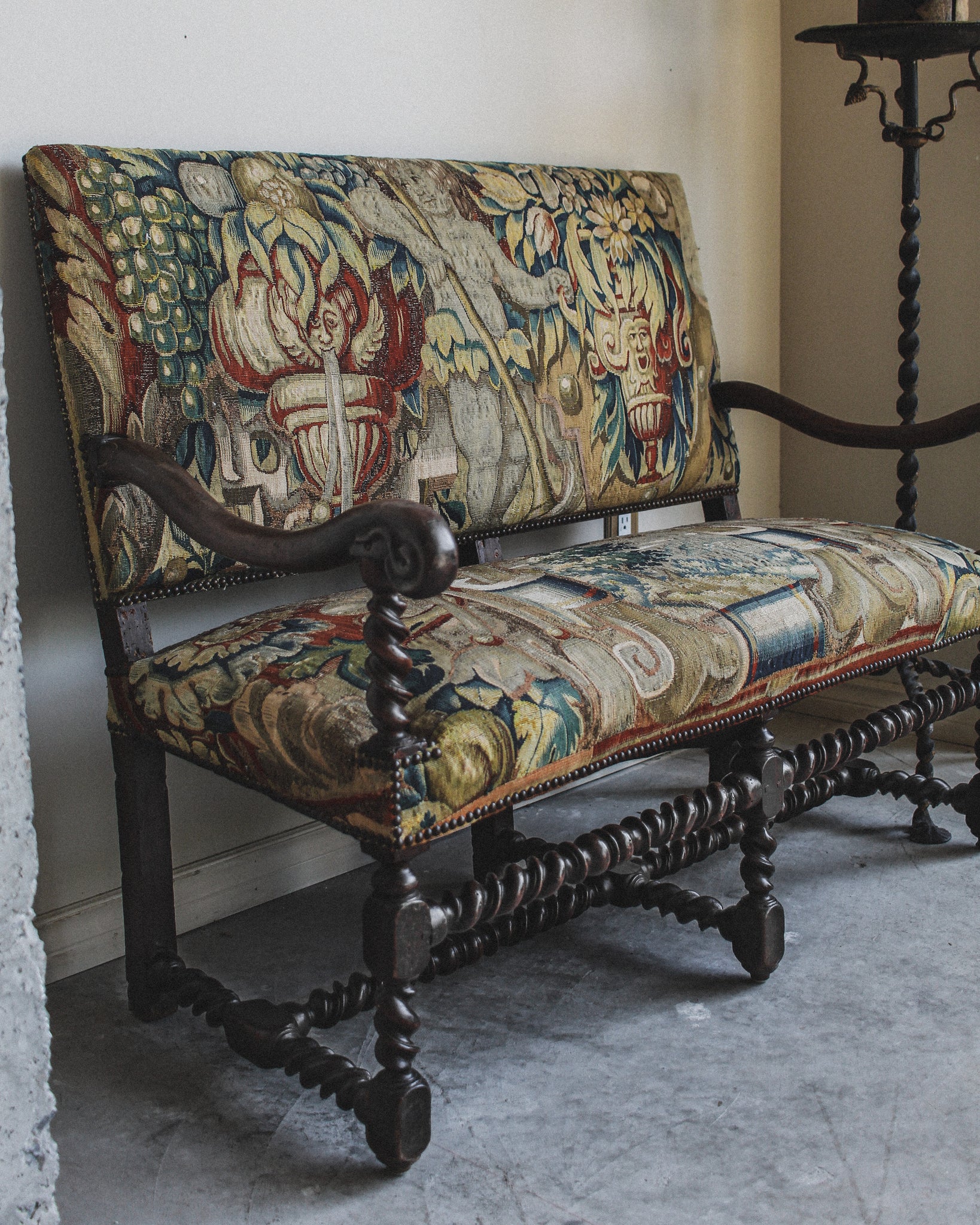 17th Century Baroque Tapestry Upholstered Walnut Settee