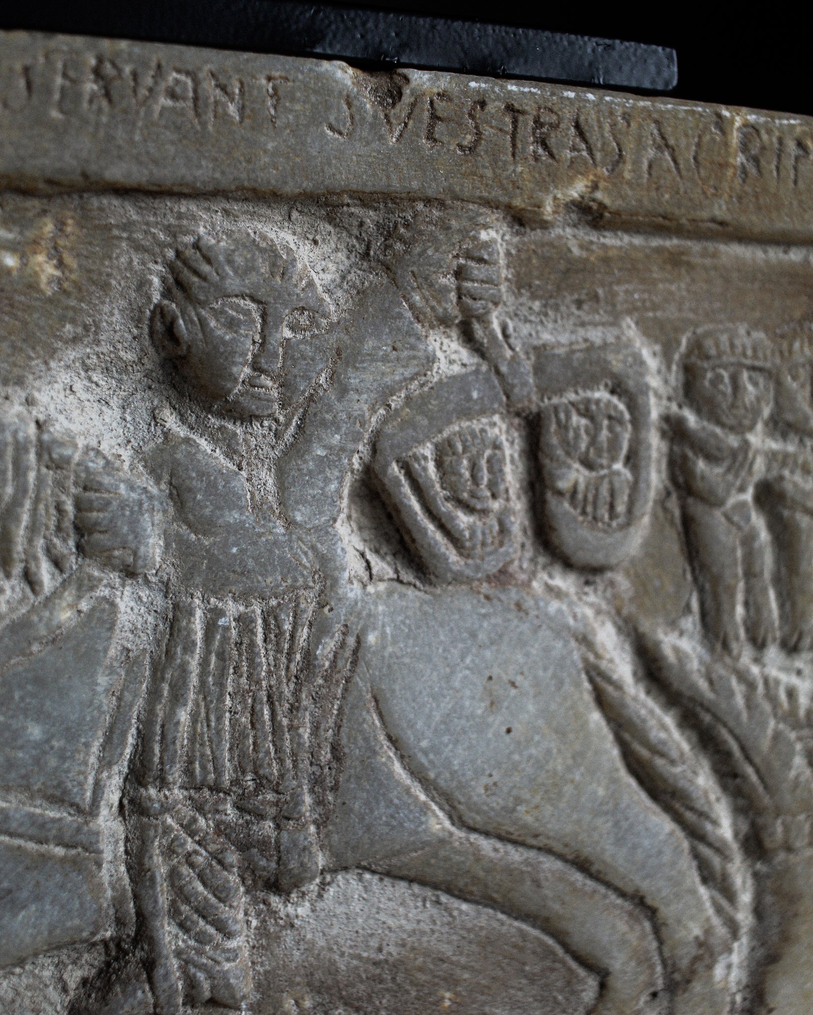12th Century Marble Carving Depicting Scene with Engraving Surrounding on Stand