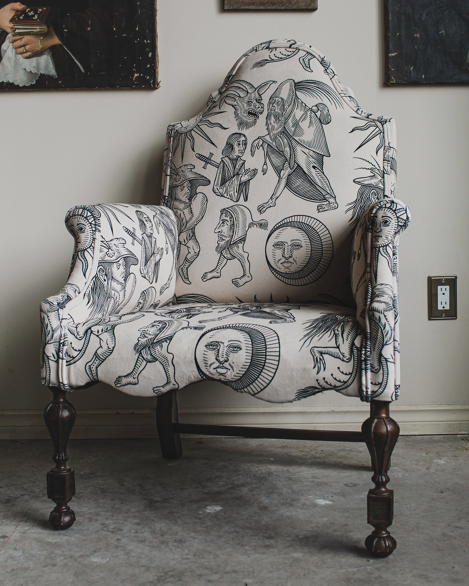 Drollery Print Camelback Chair