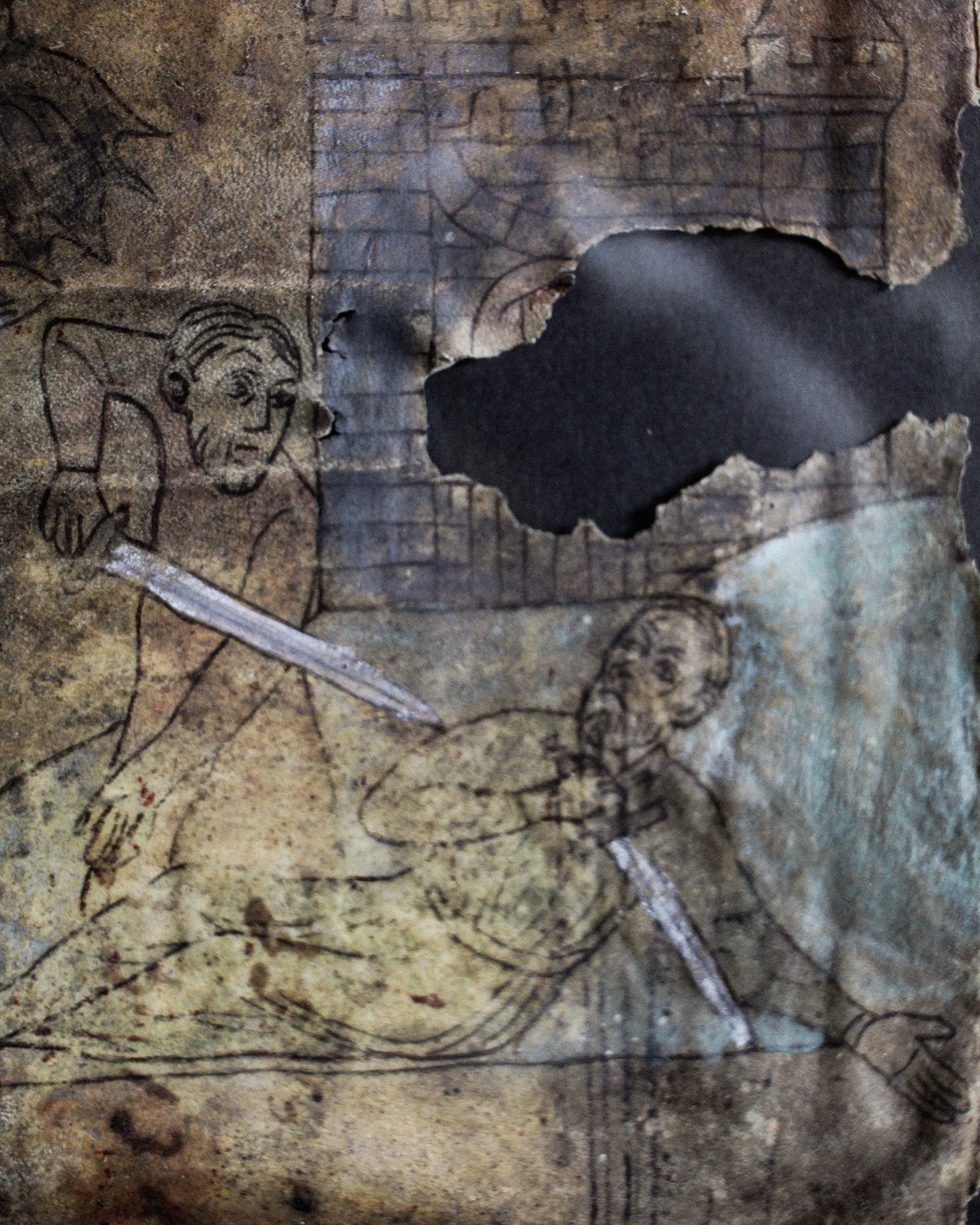 14th Century Vellum Fragment with Drawing of Knights Templar Fighting Demons in Frame