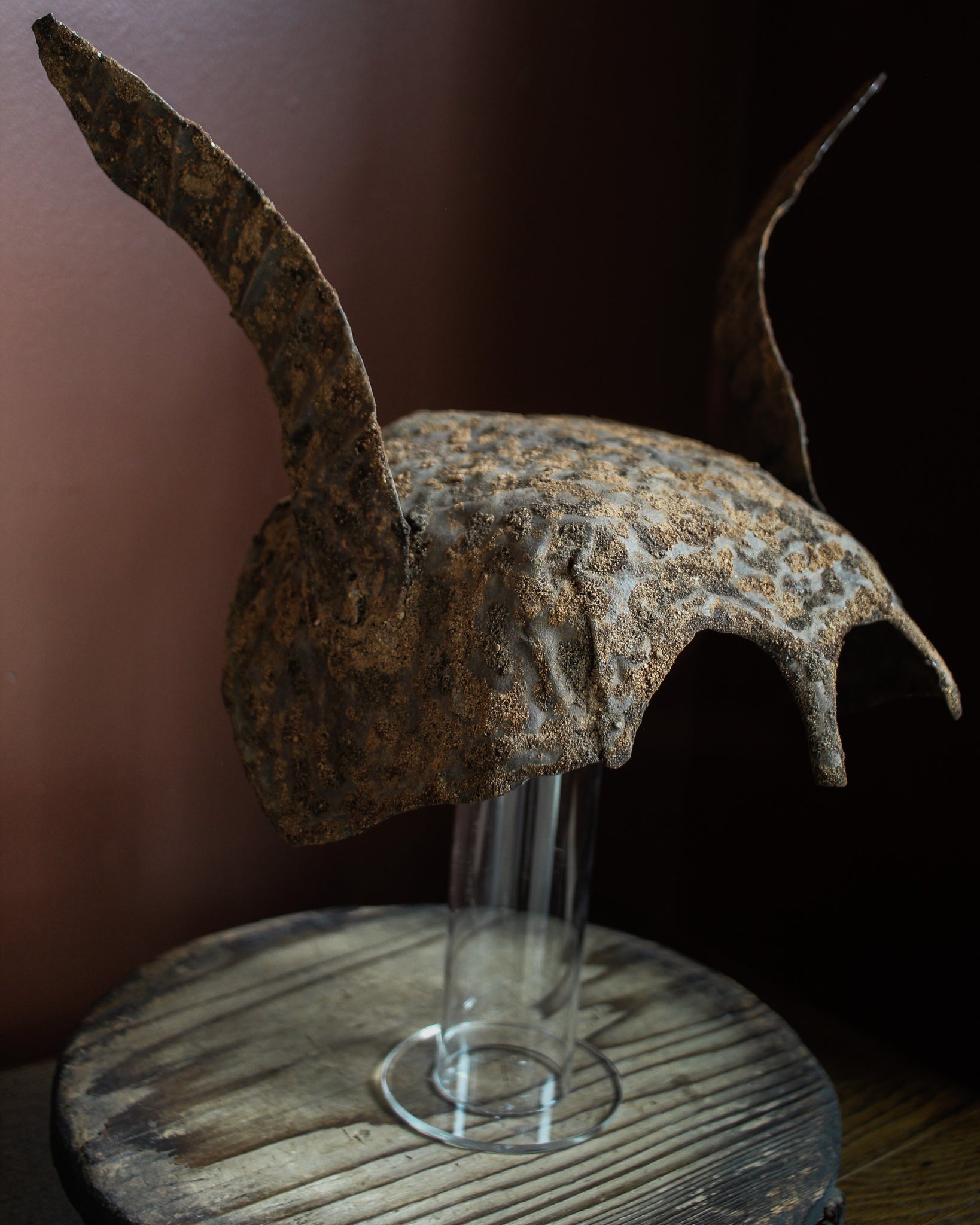 Medieval Iron Shame Mask Crown Fragment on Stand