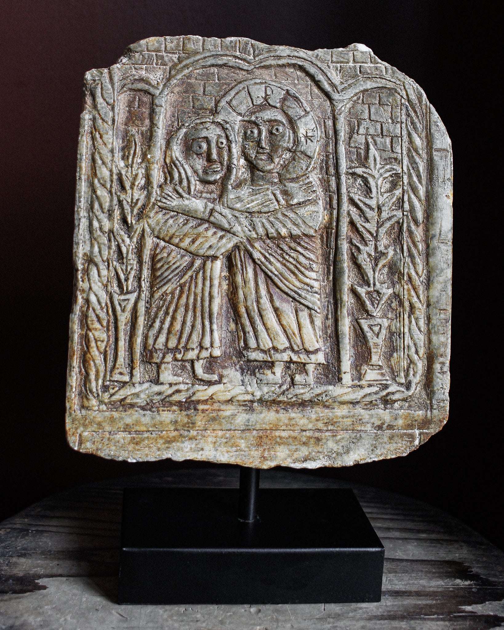 12th Century Italian Marble Slab Depiction of The Visitation on Stand (ON HOLD)