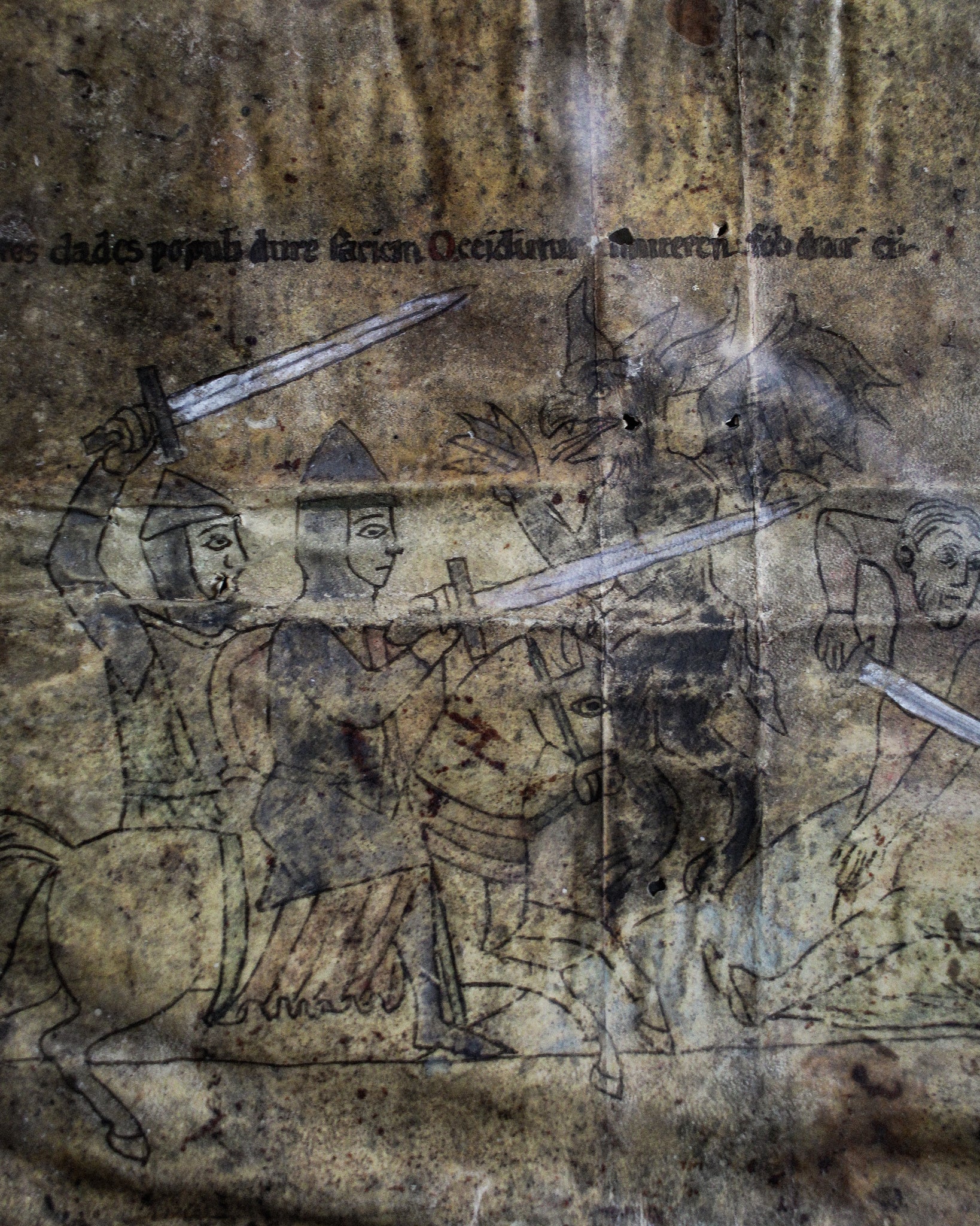14th Century Vellum Fragment with Drawing of Knights Templar Fighting Demons in Frame