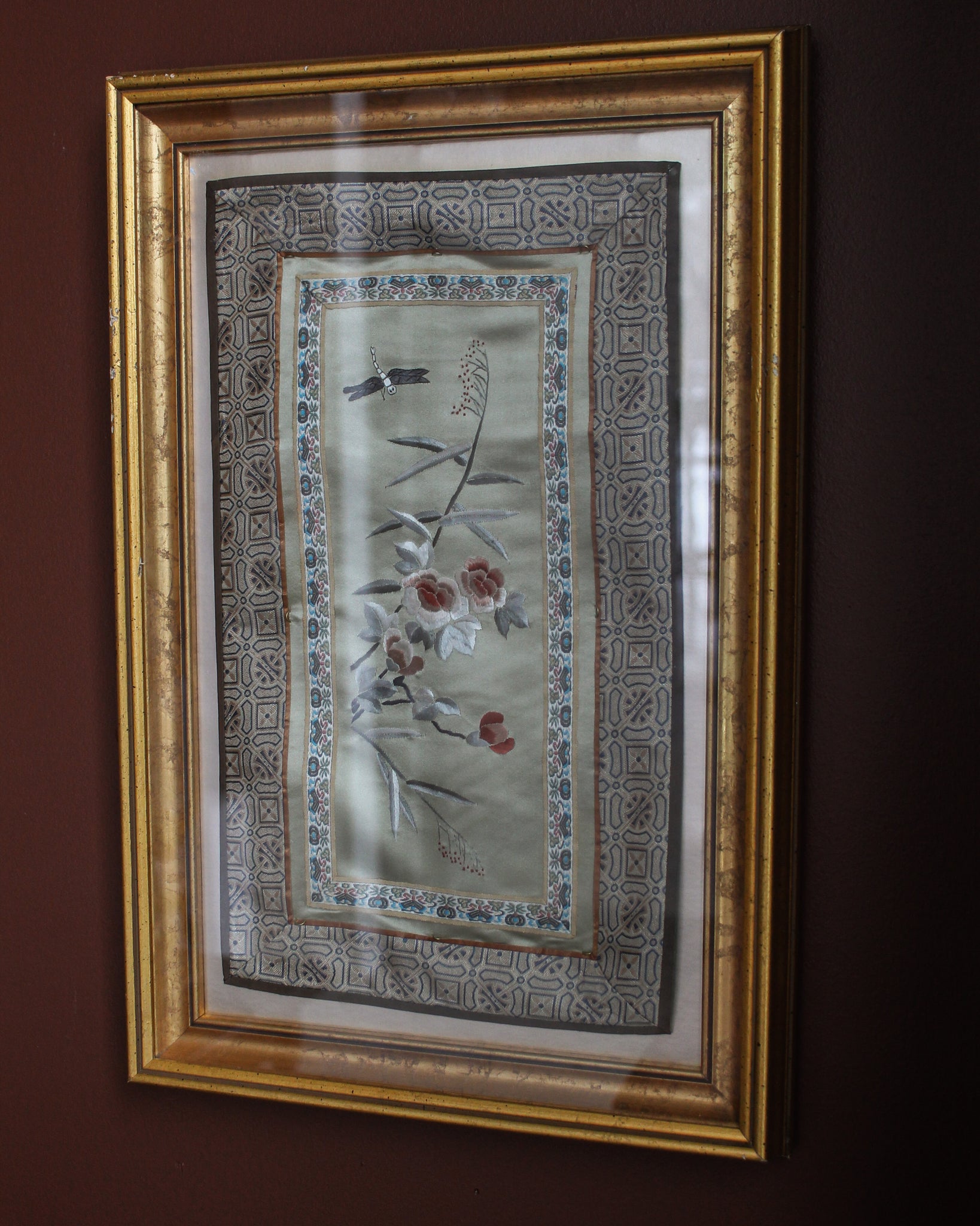 Chinese Silk Textile in Gilted Frame