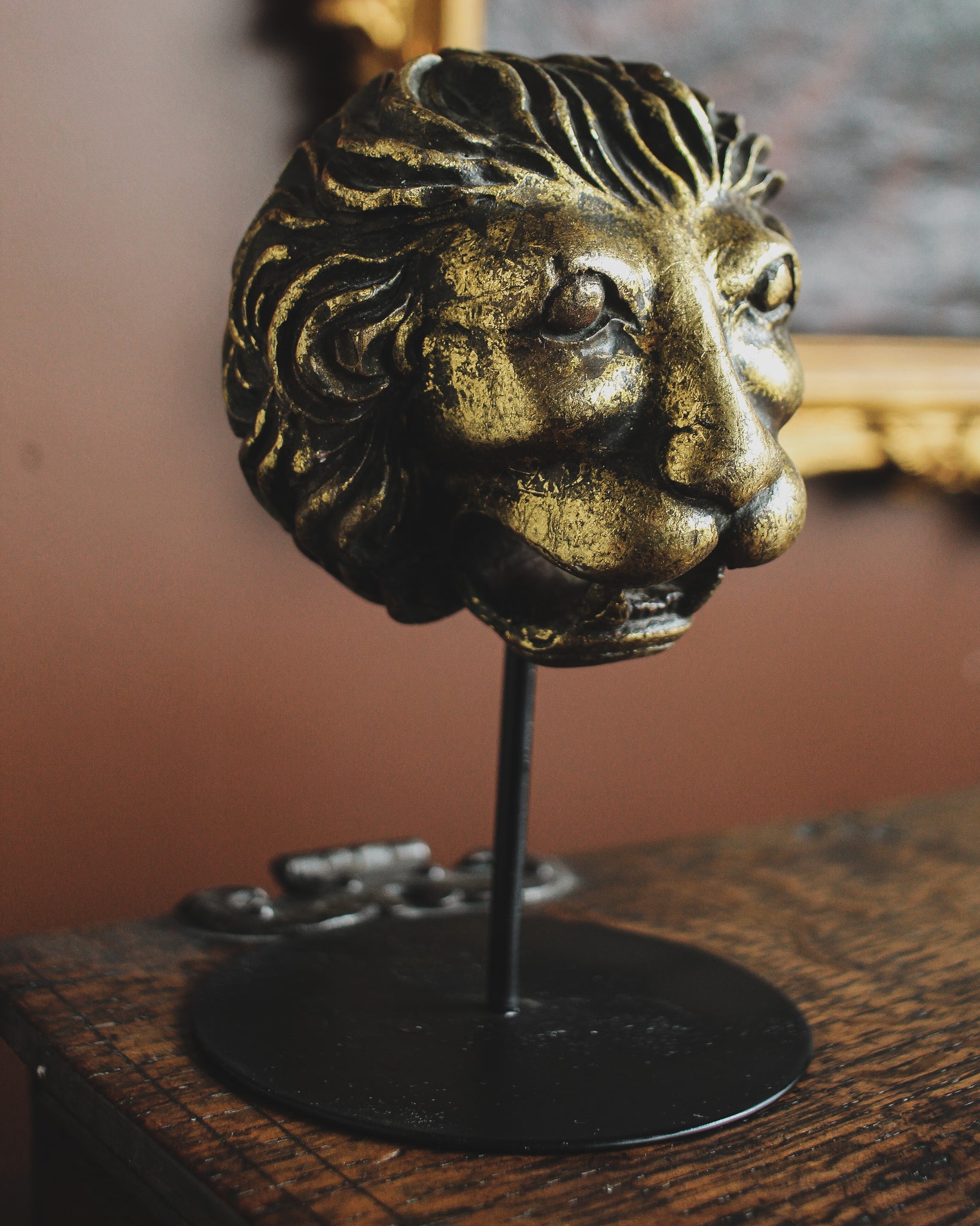 Gilt Plaster Lion Head on Stand