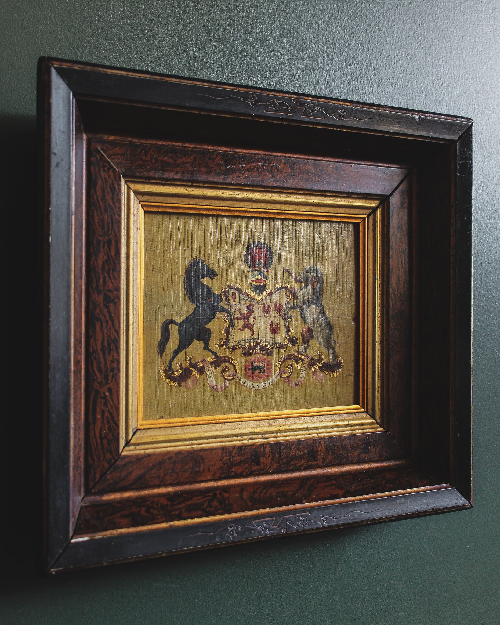 Elephant and Horse Coat of Arms, Oil on Board