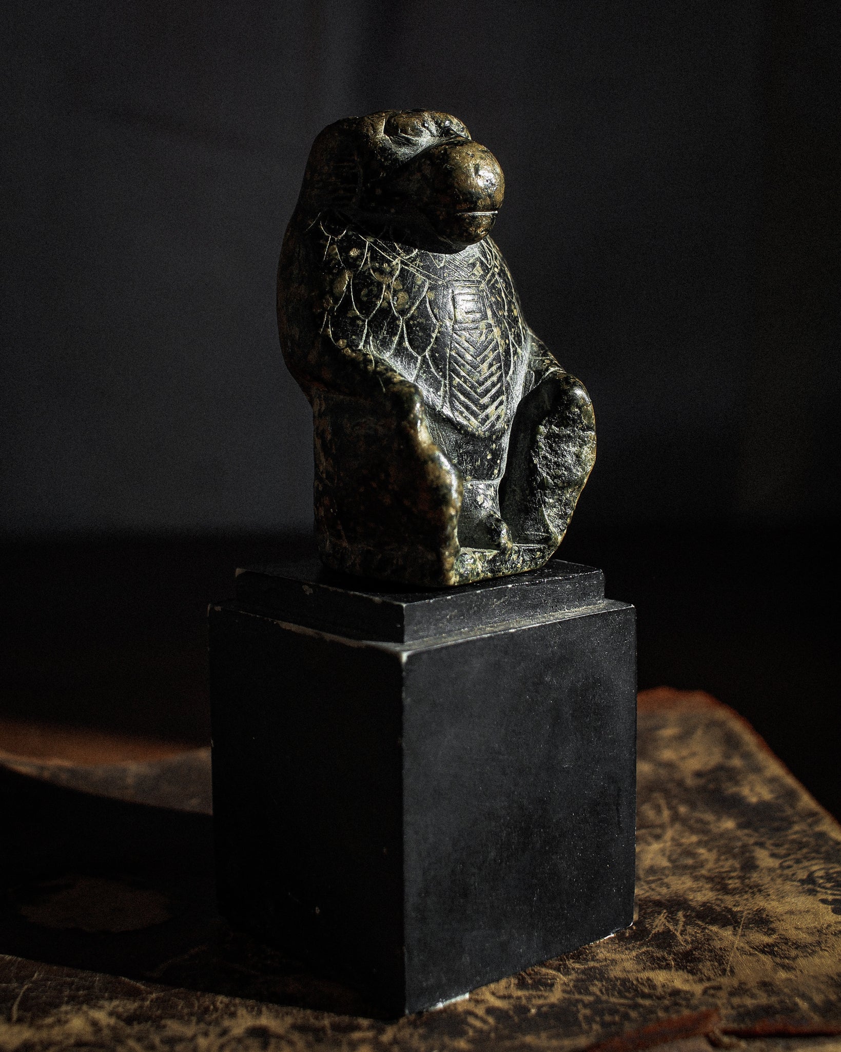 Rare Late Period Egyptian Black Steatite Baboon on Stand