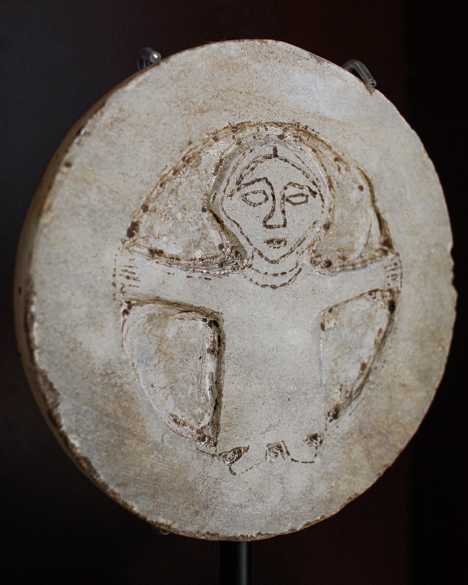 Crude Early Medieval Marble Roundel Depicting Orant Figure on Stand