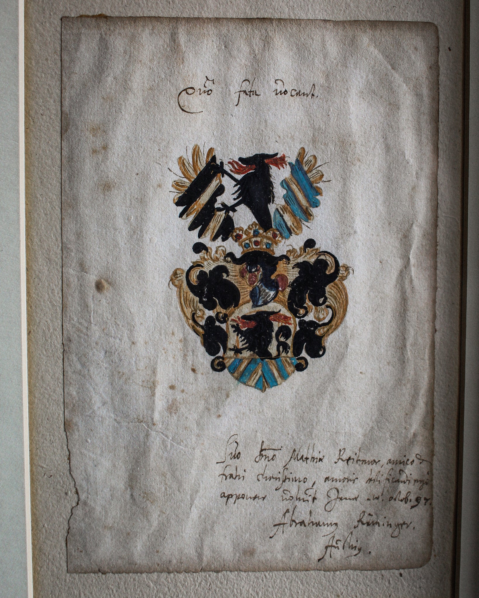 16th Century German Coat of Arms Painted on Paper, Framed