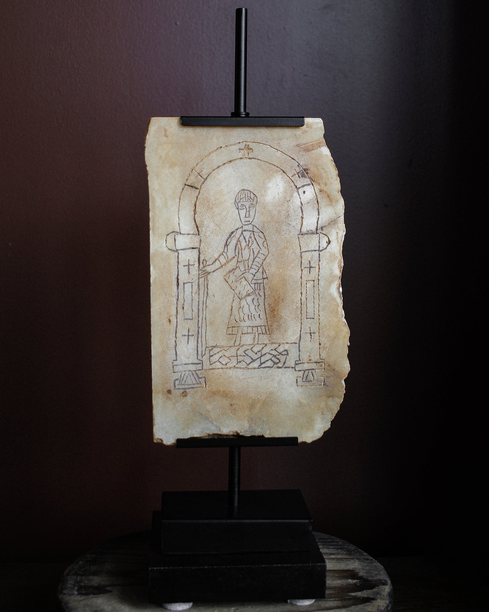 11th Century Northern Italian Marble Engraved Tablet of Saint Philip on Stand