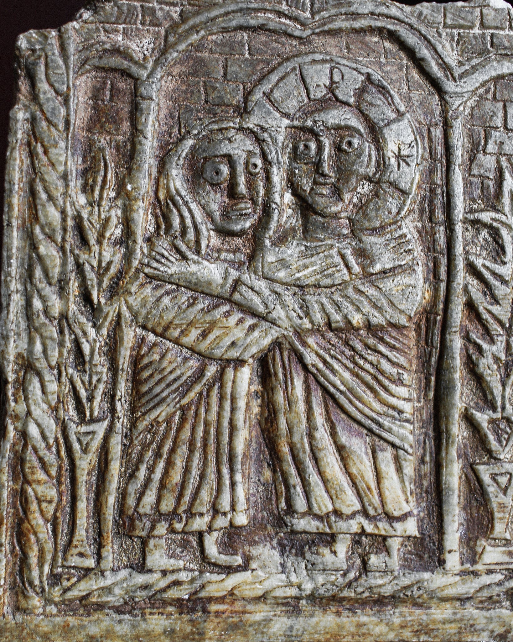 12th Century Italian Marble Slab Depiction of The Visitation on Stand (ON HOLD)