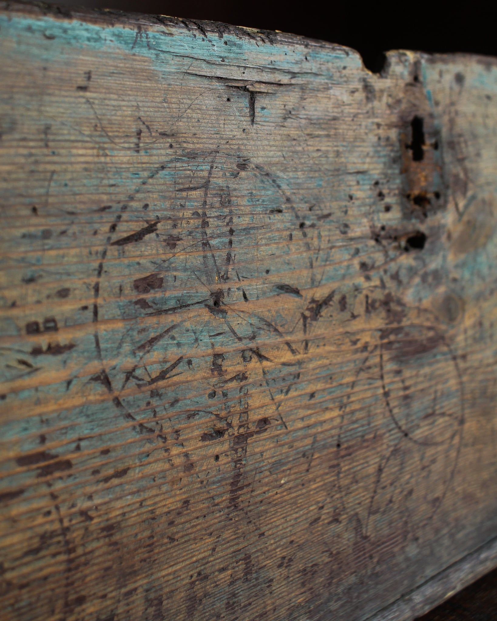 Lidless Painted Coffer with Daisy Wheel Carvings