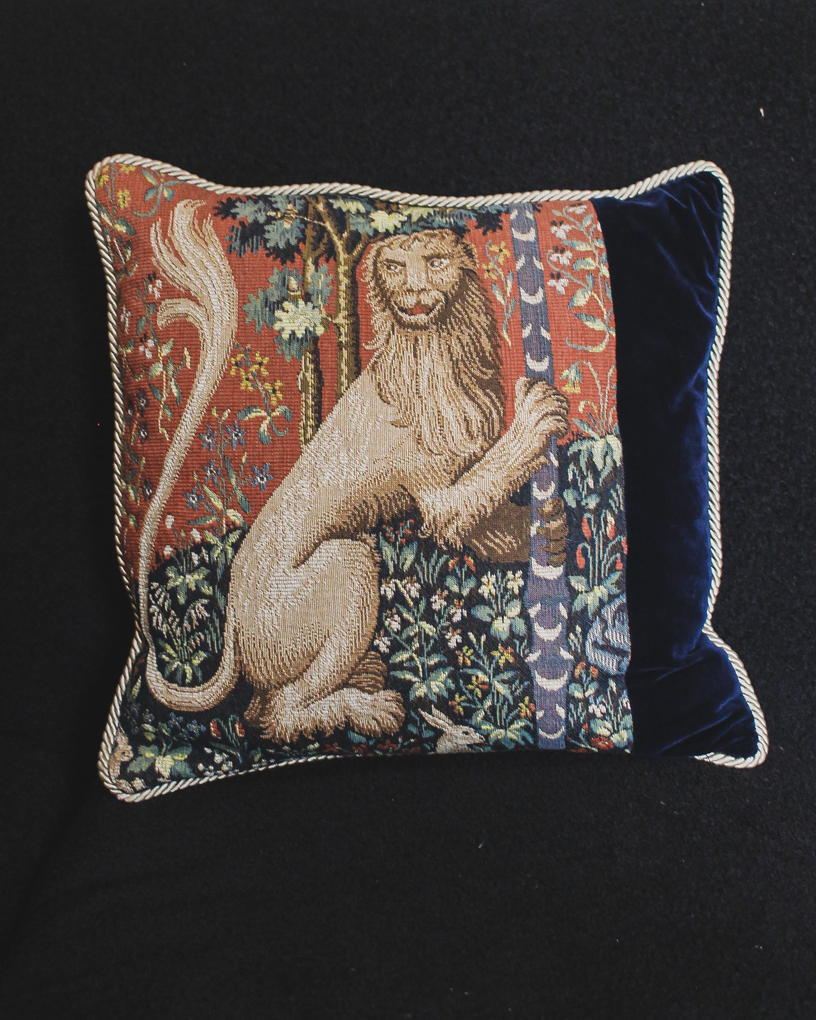 Lion Tapestry and Blue Velvet Pillow