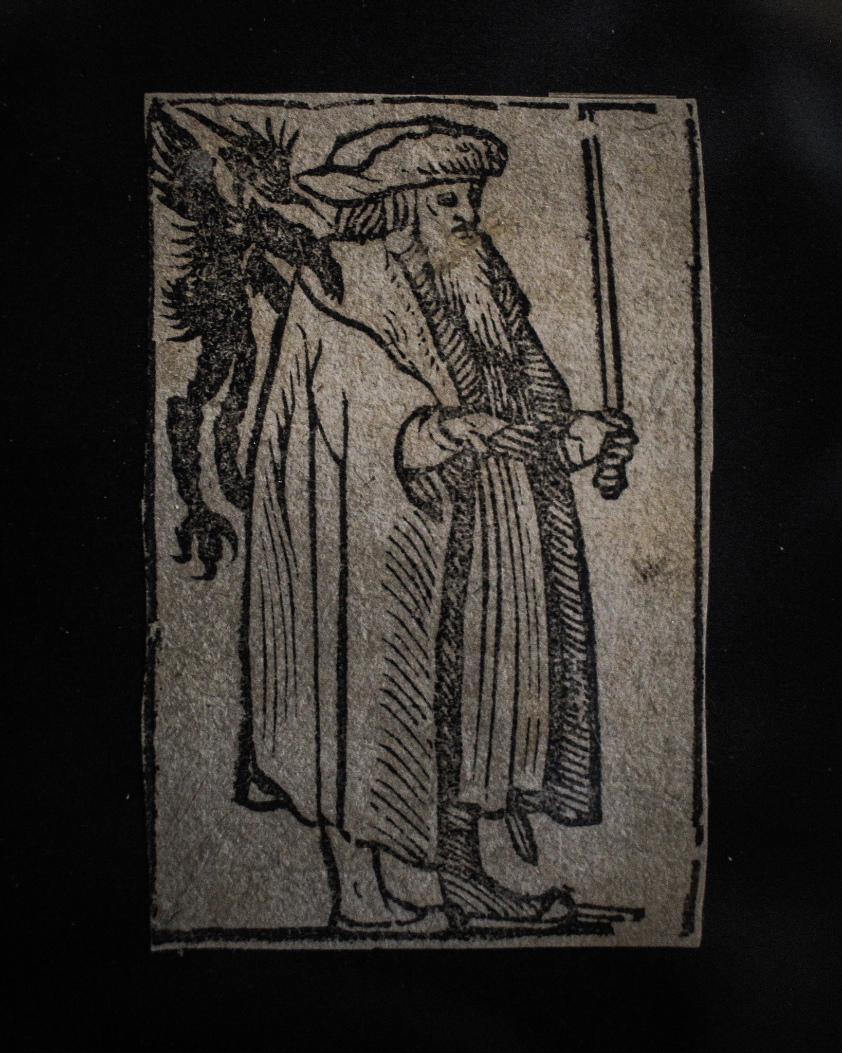 Wizard with Wand, Demon on his Back Woodblock Print, 1550, Germany
