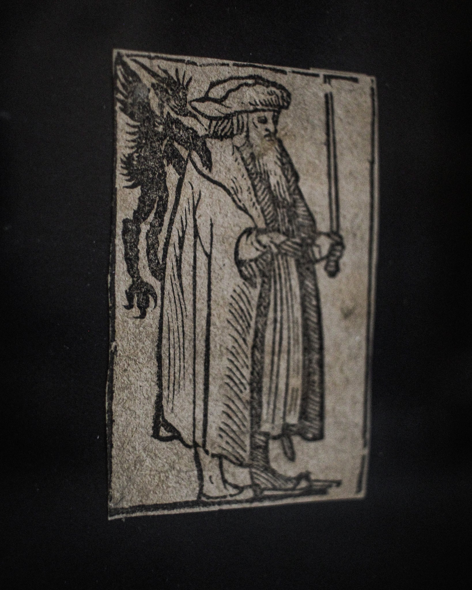 Wizard with Wand, Demon on his Back Woodblock Print, 1550, Germany