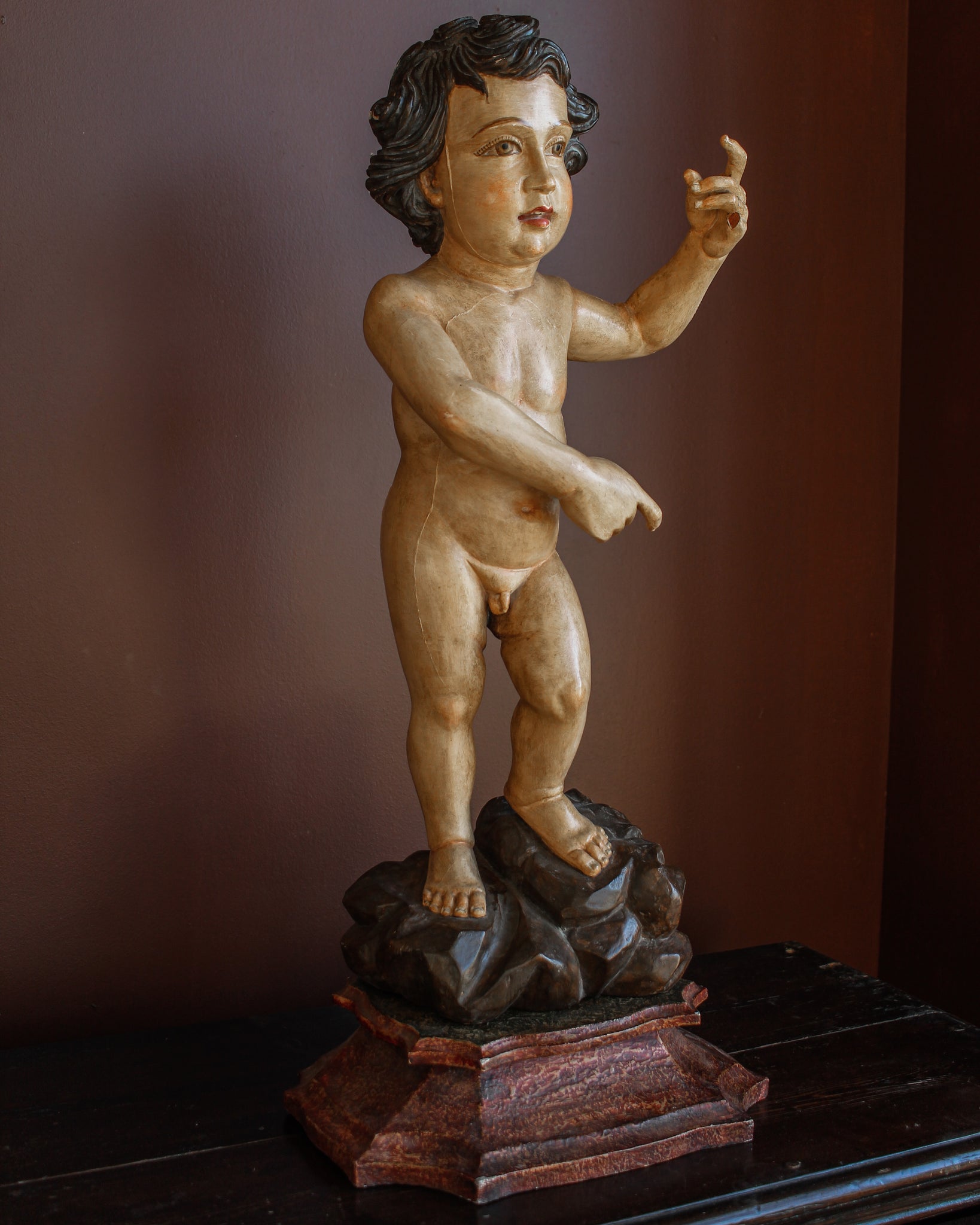 Large Saint John the Baptist Polychrome Sculpture on Stand