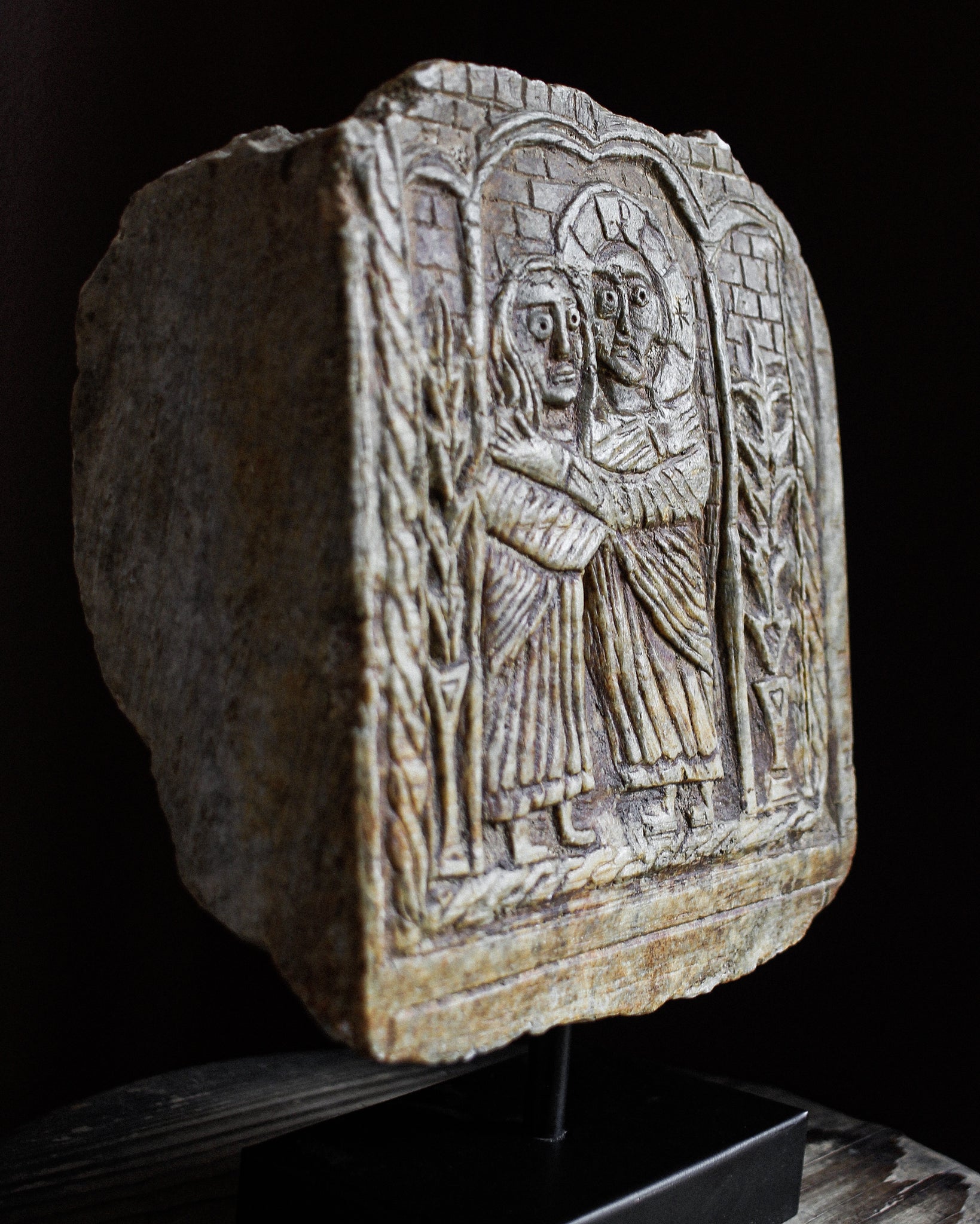 12th Century Italian Marble Slab Depiction of The Visitation on Stand (ON HOLD)