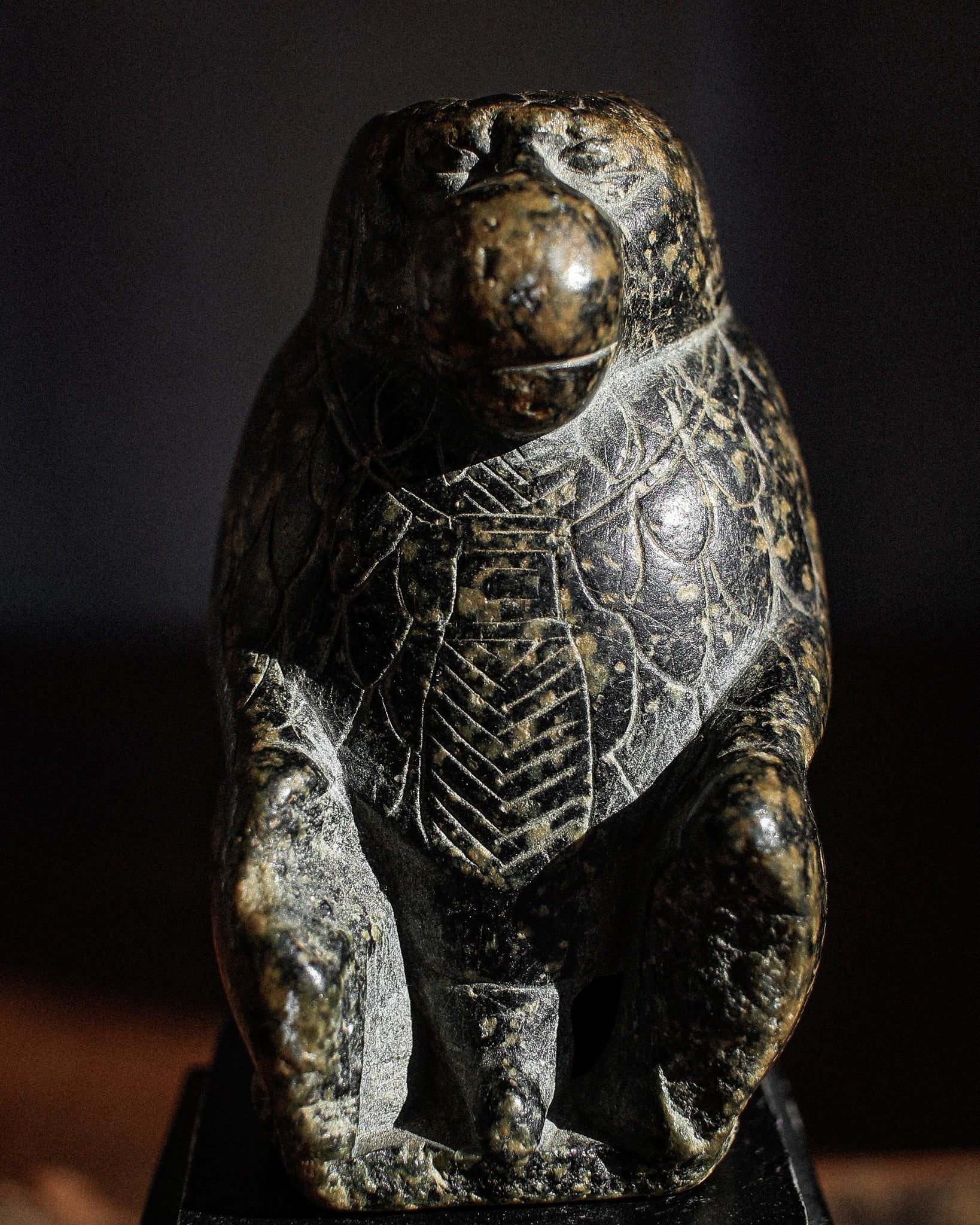 Rare Late Period Egyptian Black Steatite Baboon on Stand
