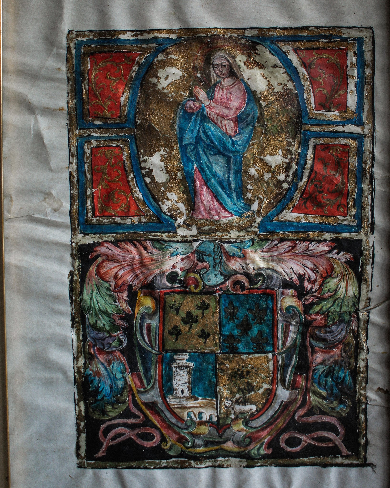 Late 16th Century Mary and Heraldic Coat Painted Manuscript on Vellum