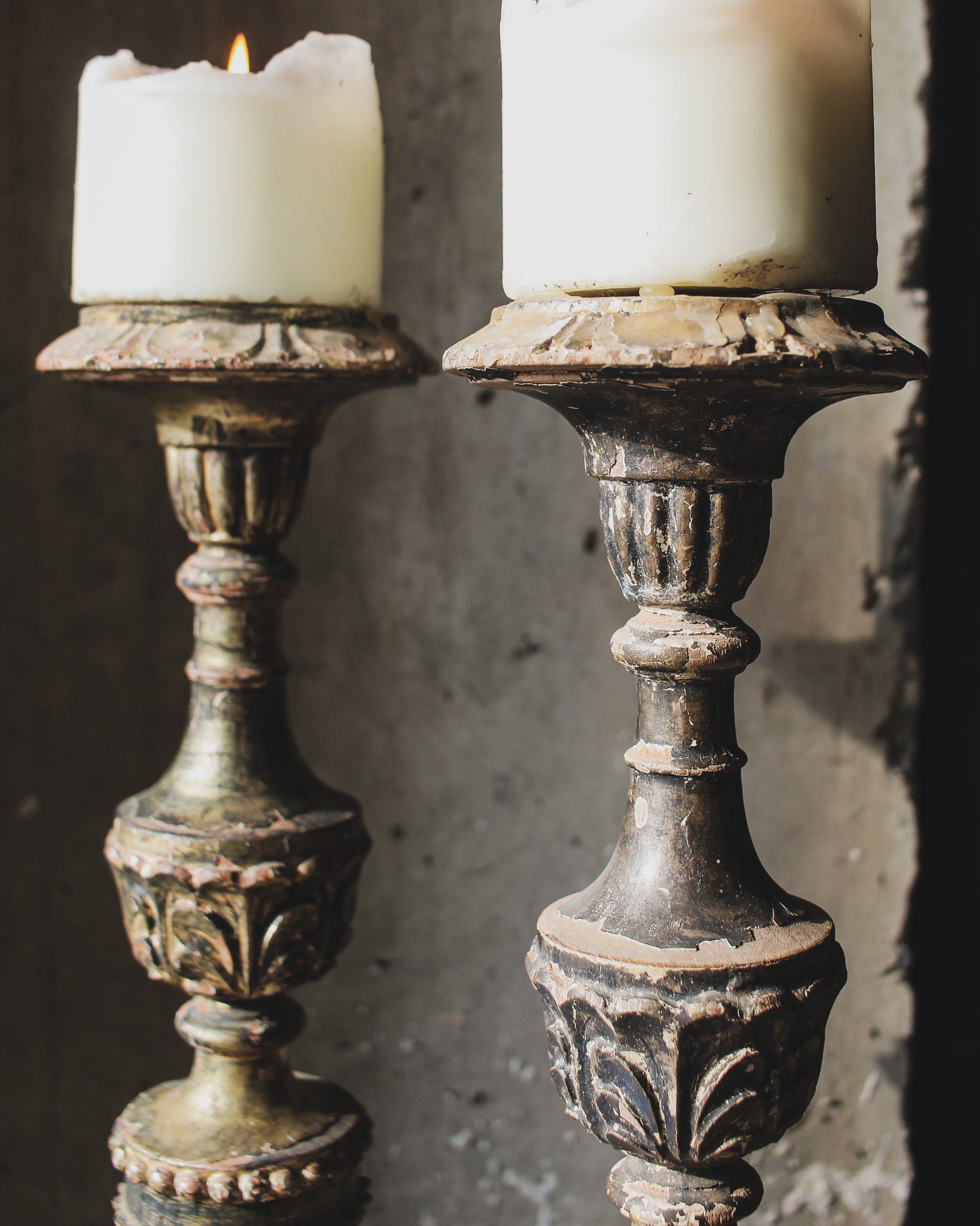 Pair of Polychrome Decorated Candlesticks