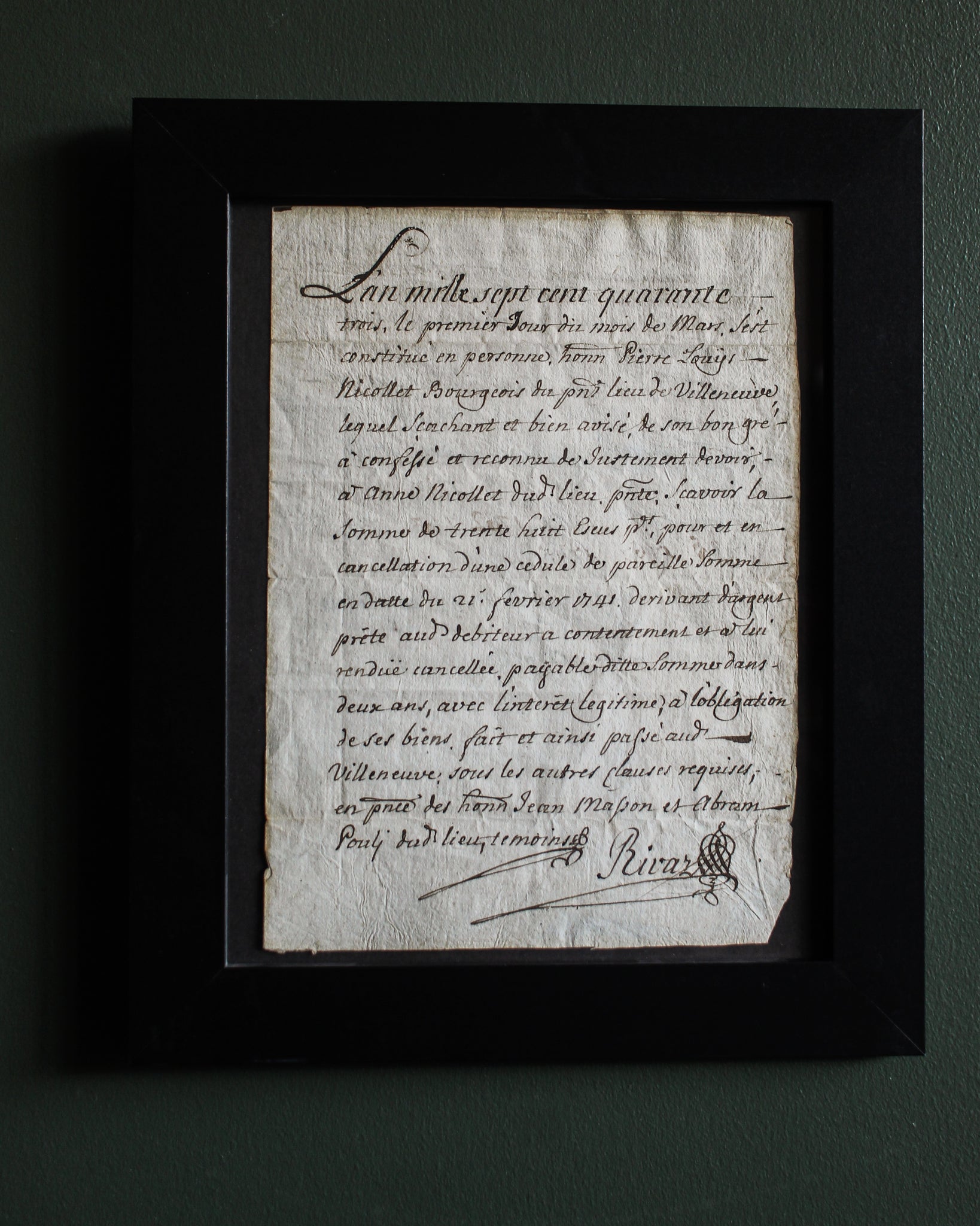 1743 Handwritten Bond to Anne Nicollet