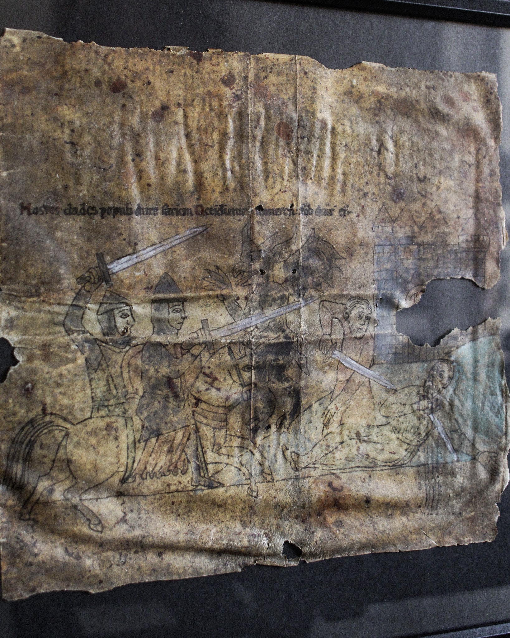 14th Century Vellum Fragment with Drawing of Knights Templar Fighting Demons in Frame