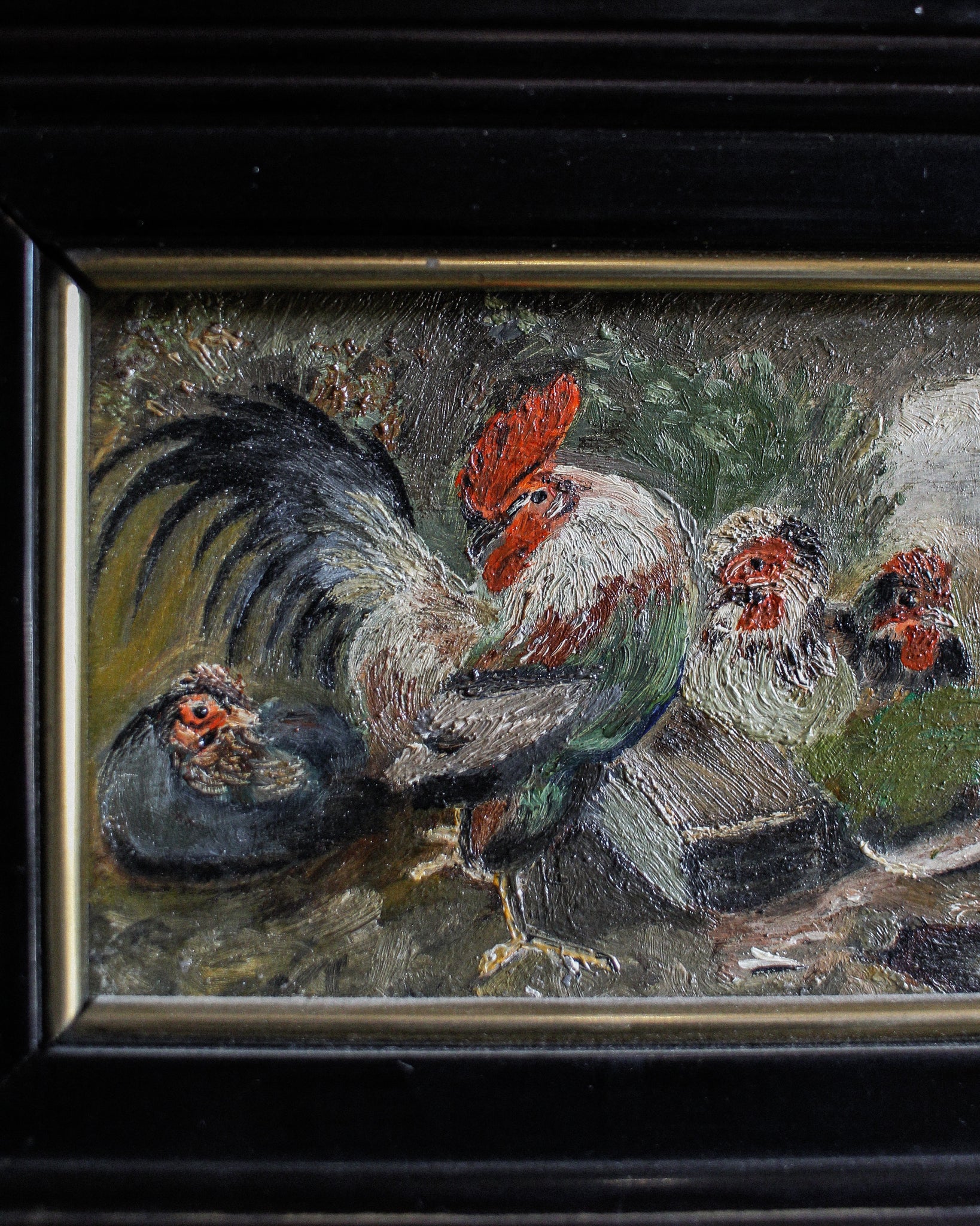 Grazing Chickens, Oil on Board