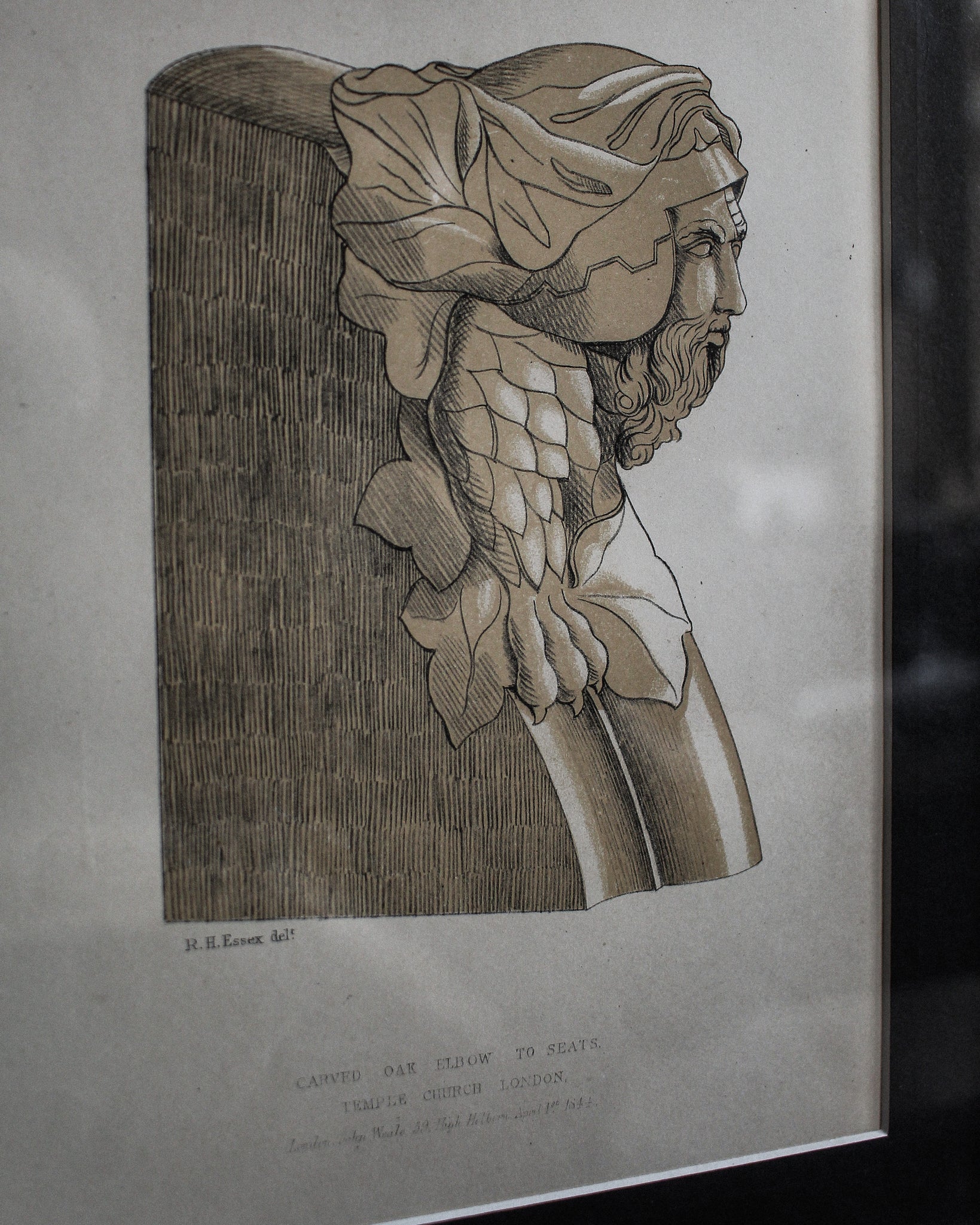 Coloured Engraving, Detail of Carved Elbow of Seats, Temple Church, London, 1844