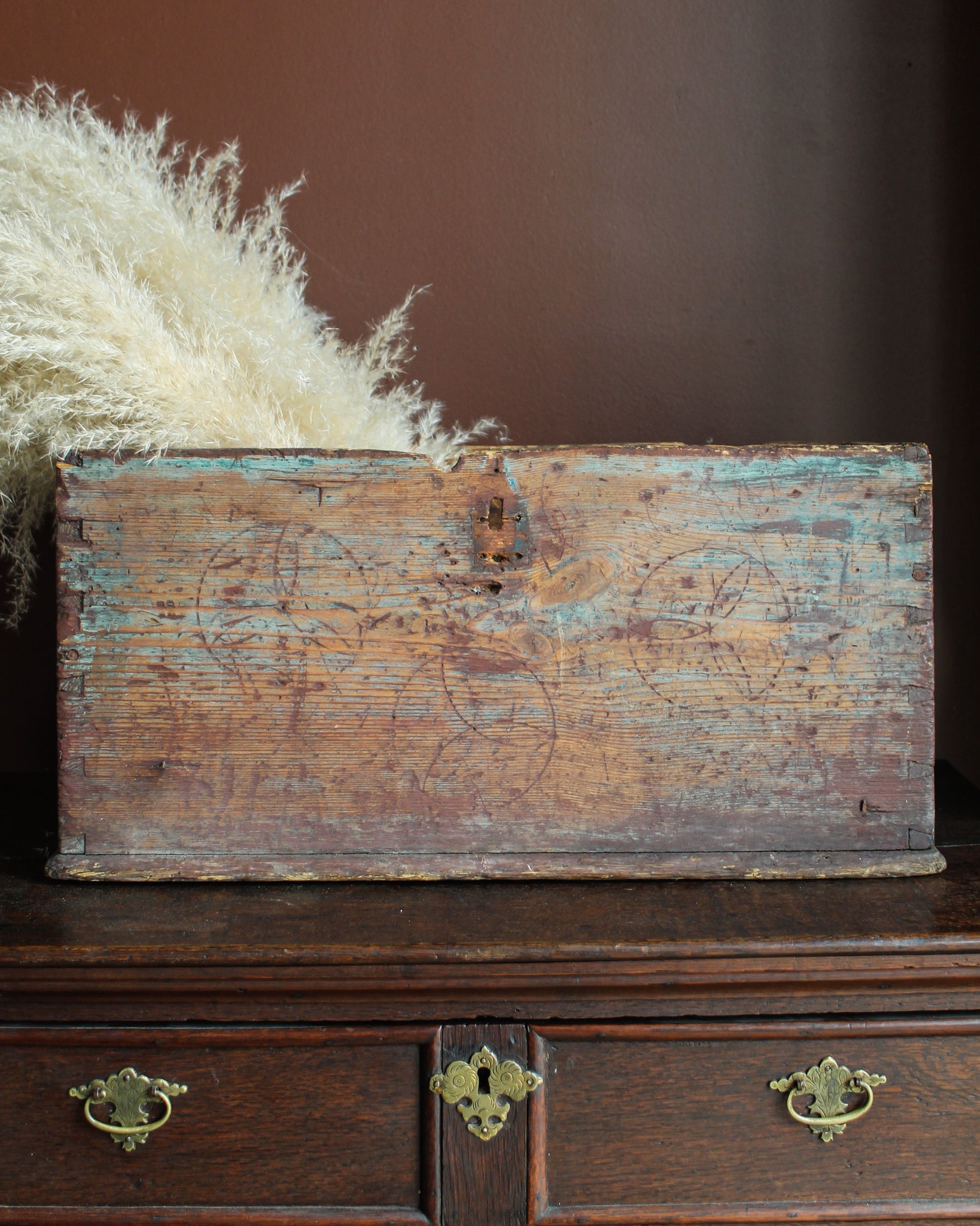 Lidless Painted Coffer with Daisy Wheel Carvings