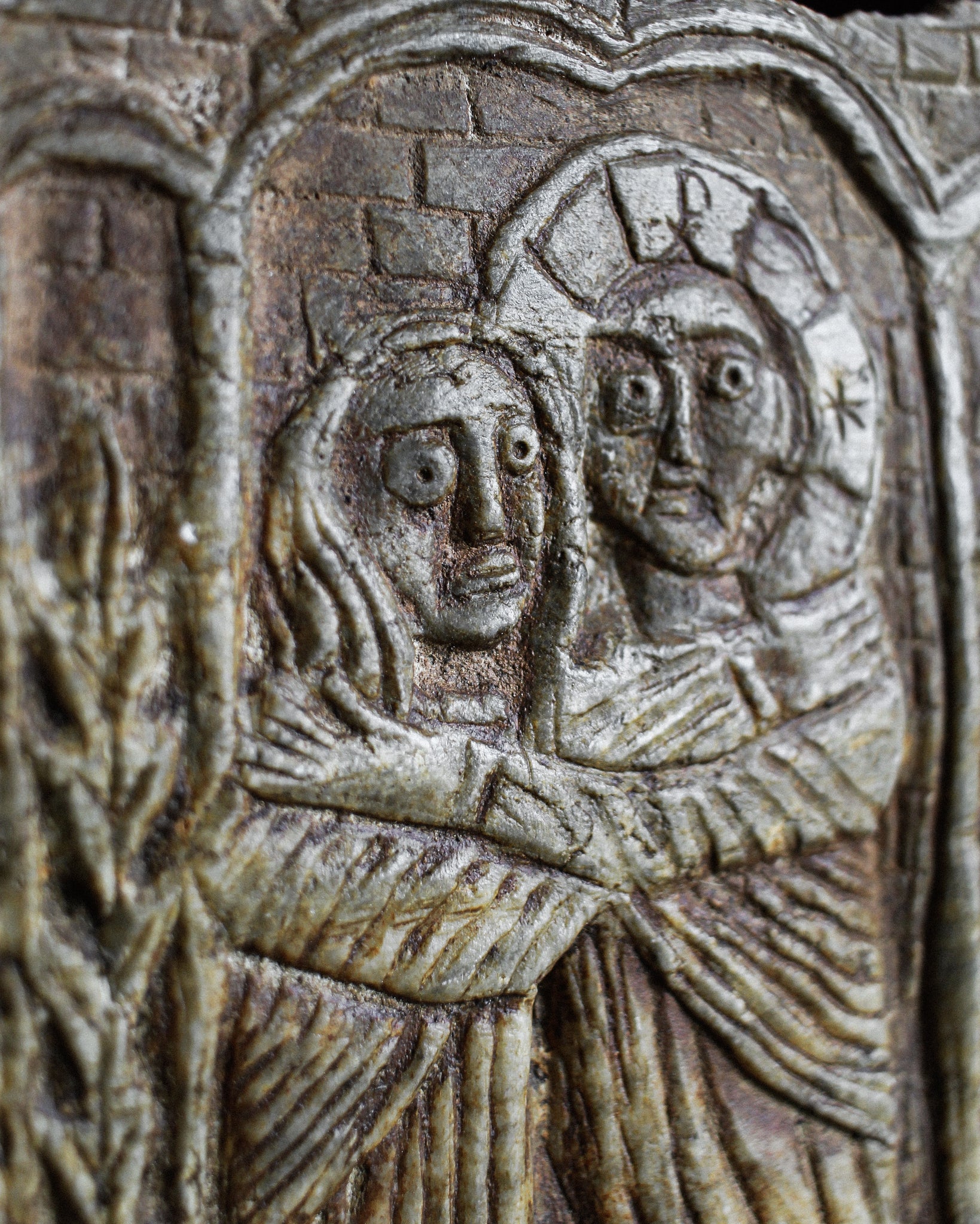 12th Century Italian Marble Slab Depiction of The Visitation on Stand (ON HOLD)