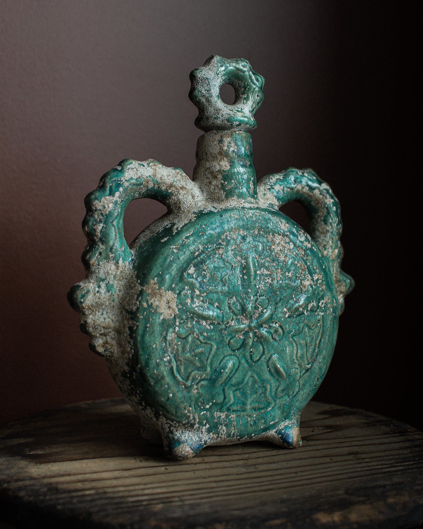 Byzantine Green Glazed Pottery Flask with Encrustation