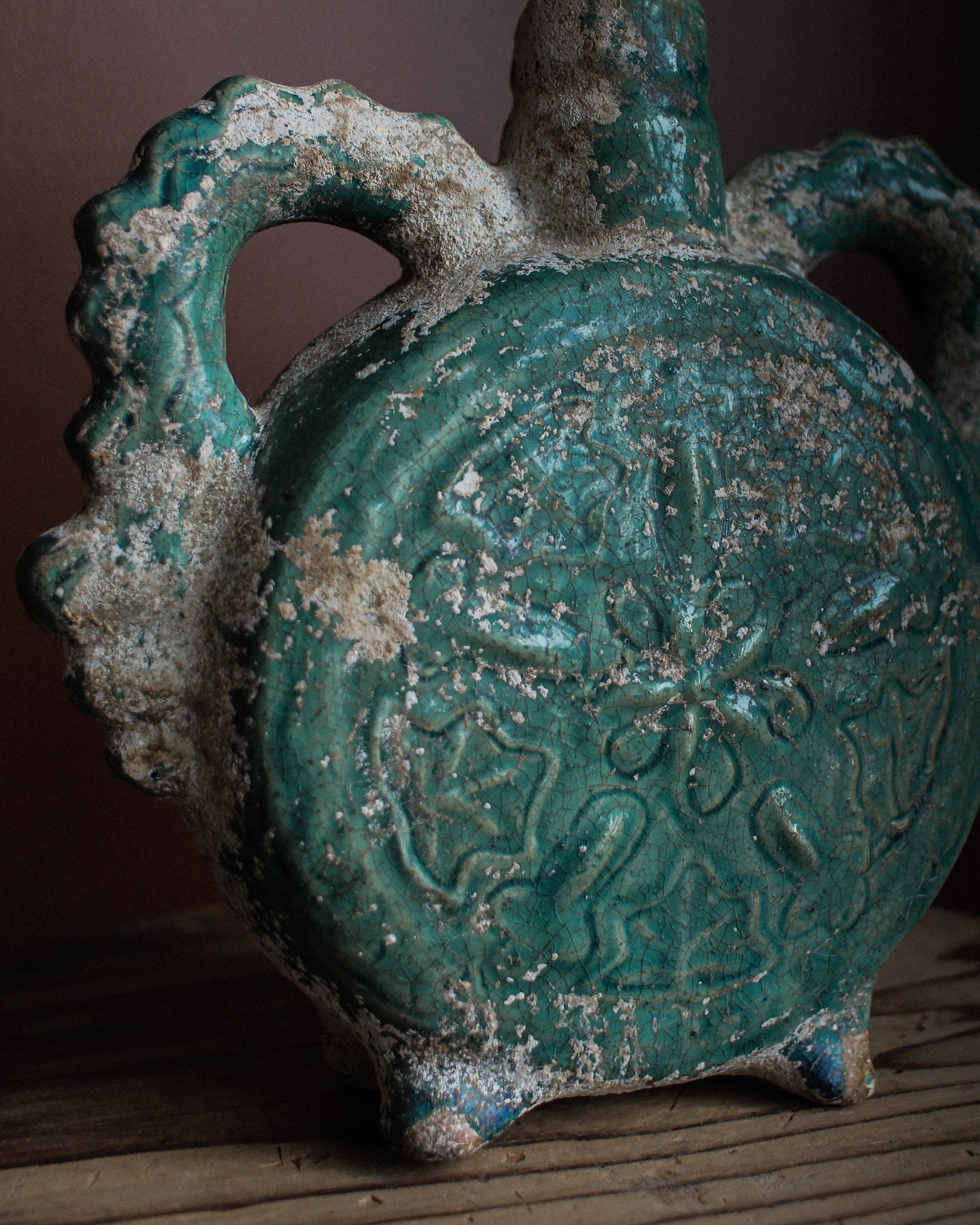 Byzantine Green Glazed Pottery Flask with Encrustation