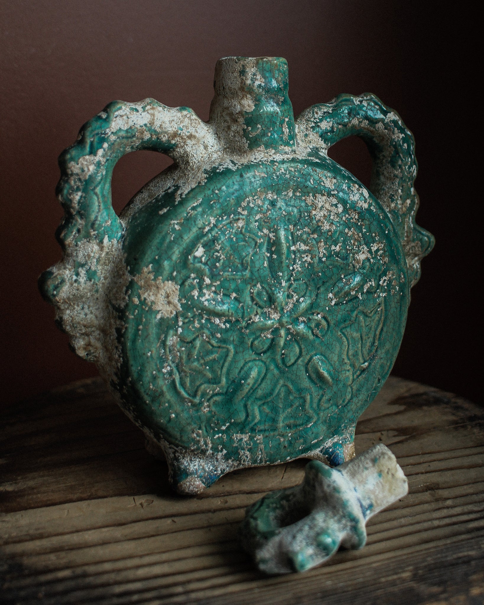 Byzantine Green Glazed Pottery Flask with Encrustation