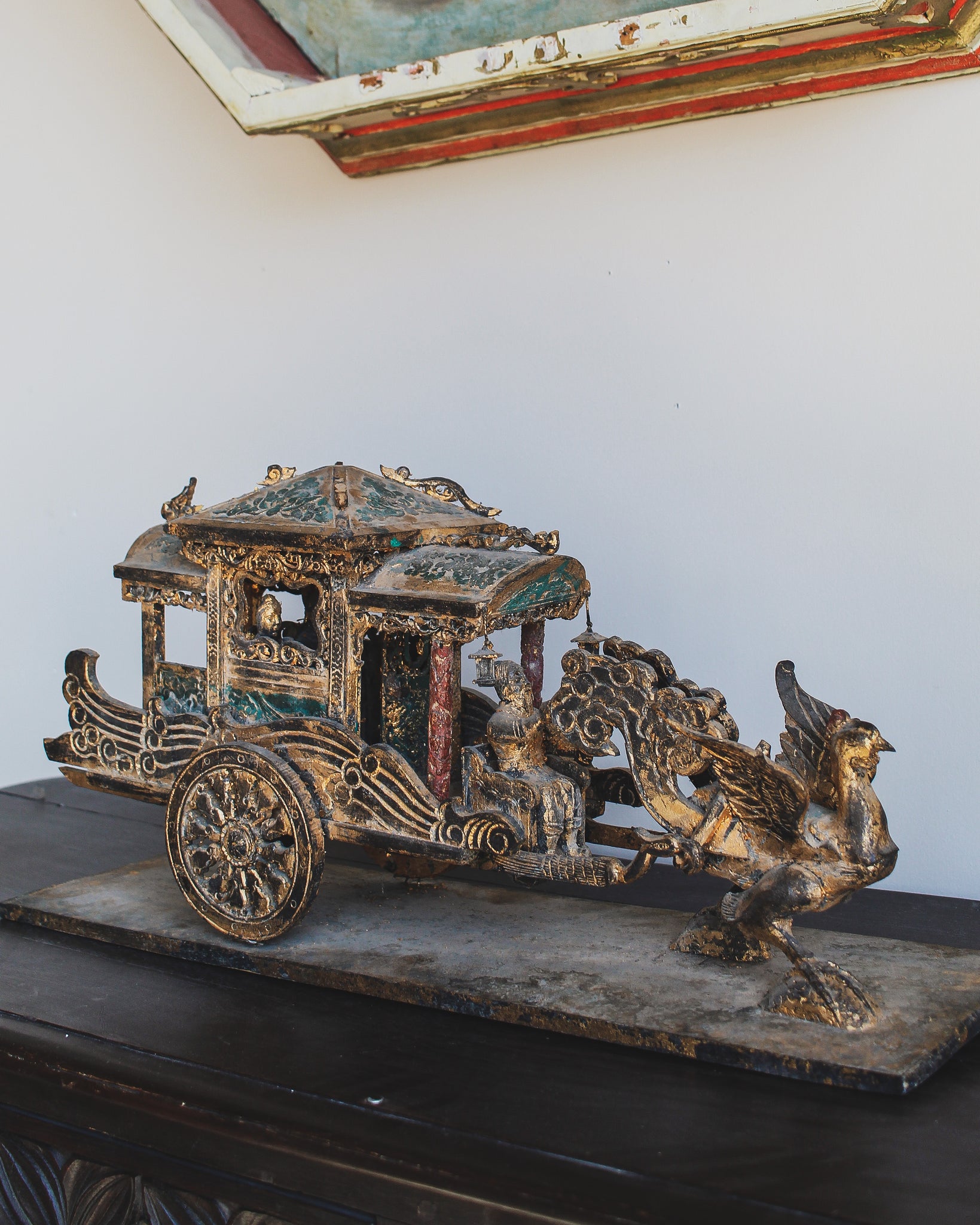 Peacock and Trolley Polychrome Sculpture