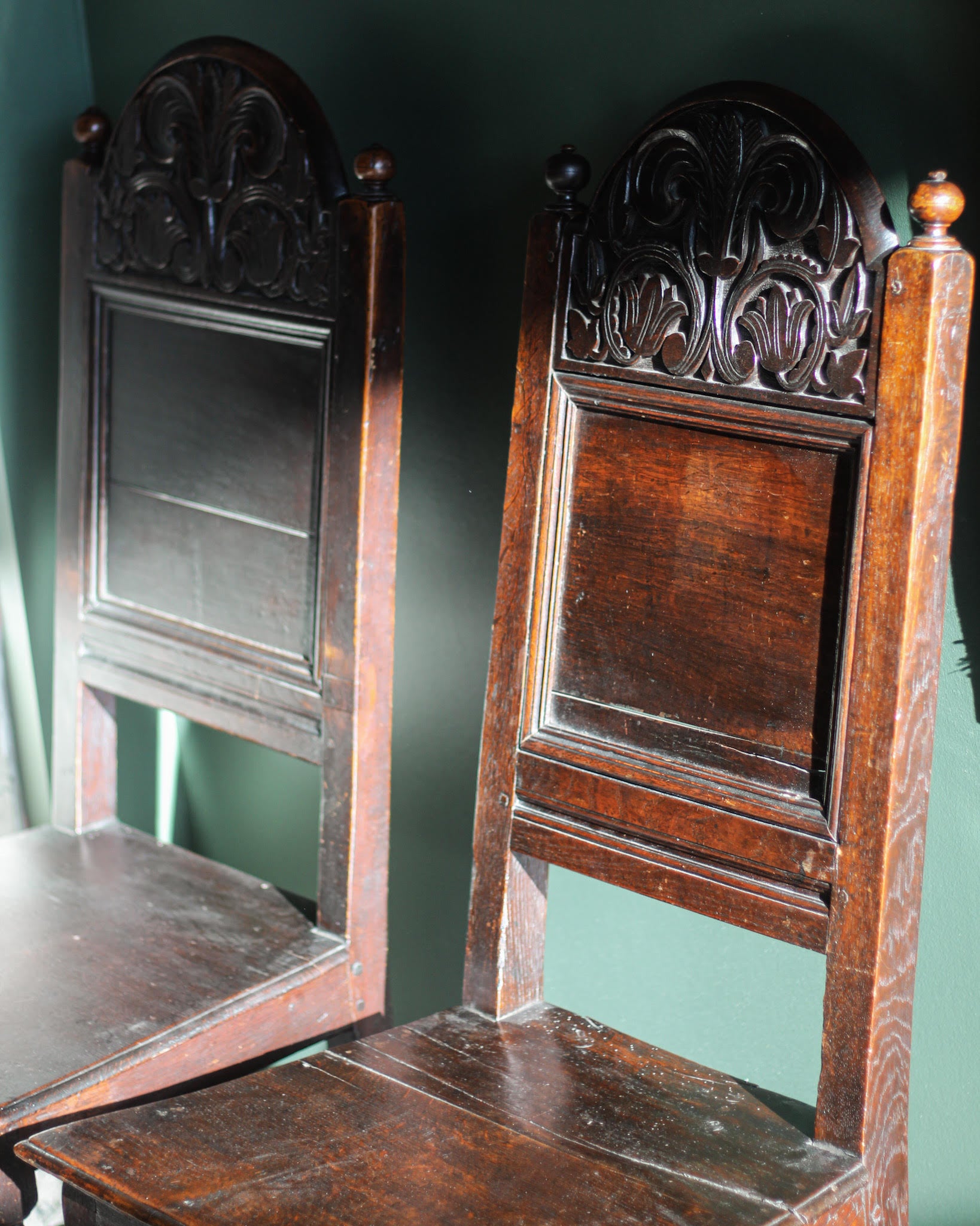 Pair of 17th C. Carved Oak Hall Chairs